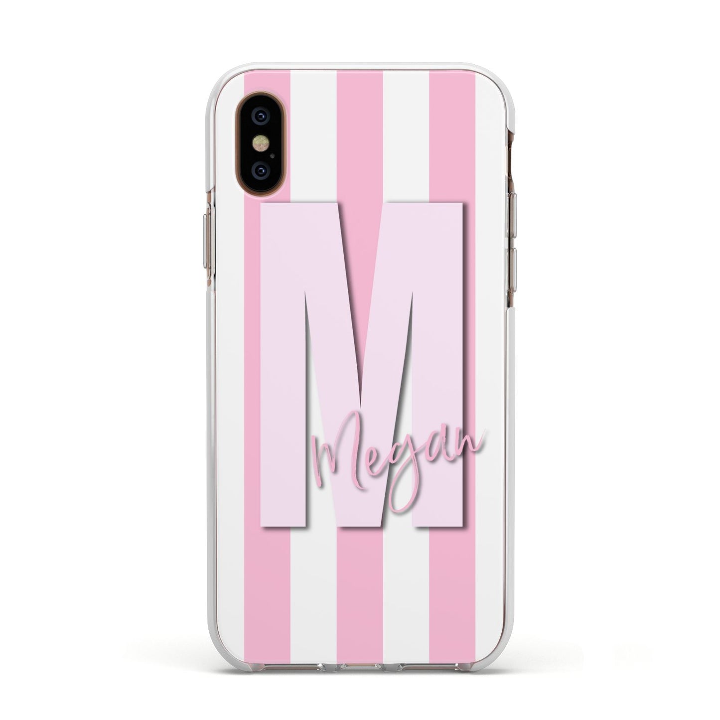 Personalised Candy Stripe Initials Apple iPhone Xs Impact Case White Edge on Gold Phone