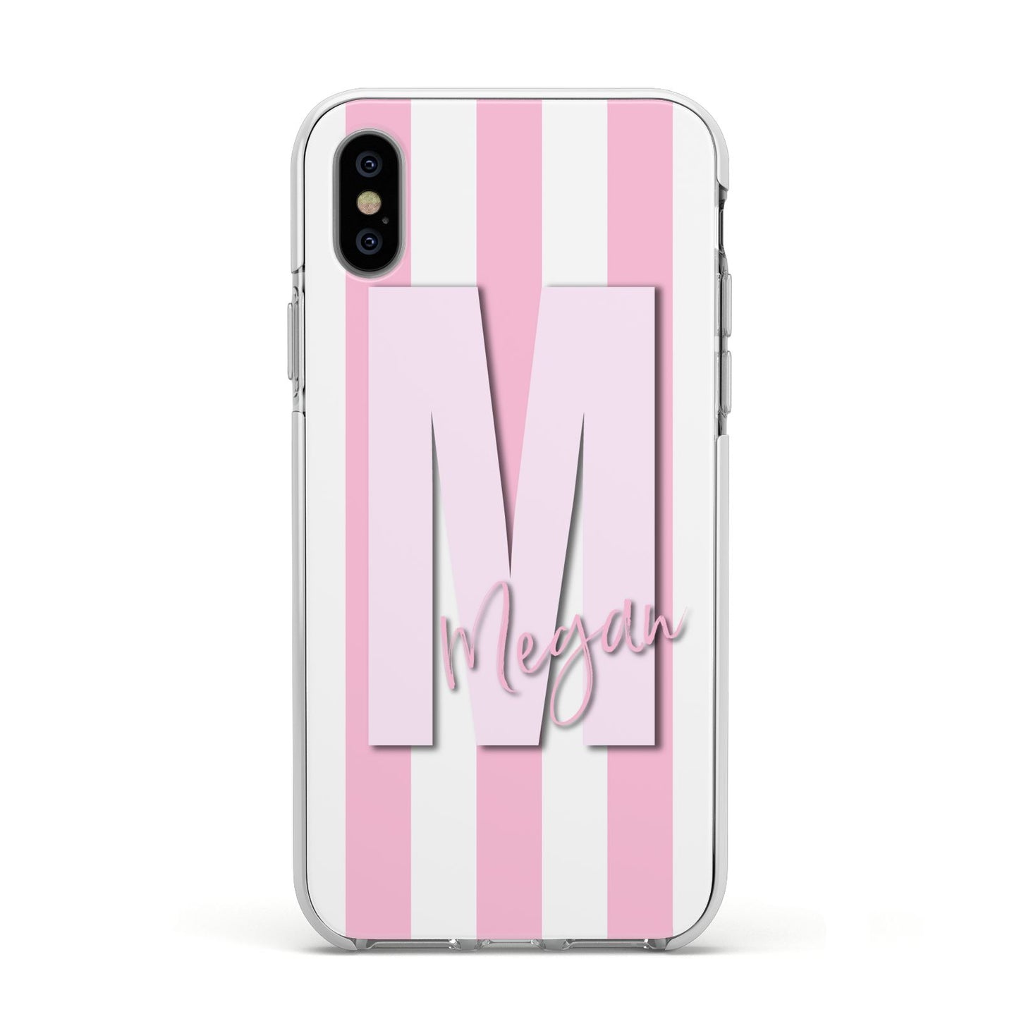 Personalised Candy Stripe Initials Apple iPhone Xs Impact Case White Edge on Silver Phone