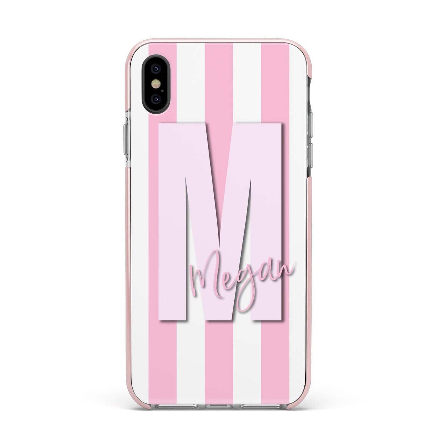 Personalised Candy Stripe Initials Apple iPhone Xs Max Impact Case Pink Edge on Black Phone