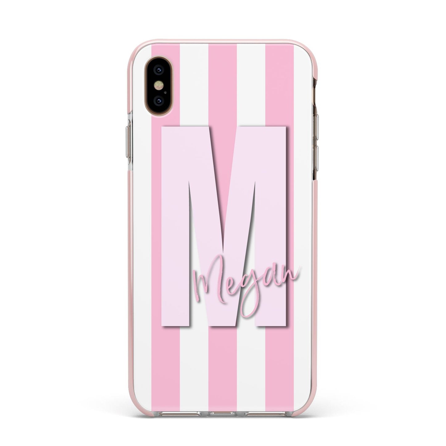 Personalised Candy Stripe Initials Apple iPhone Xs Max Impact Case Pink Edge on Gold Phone