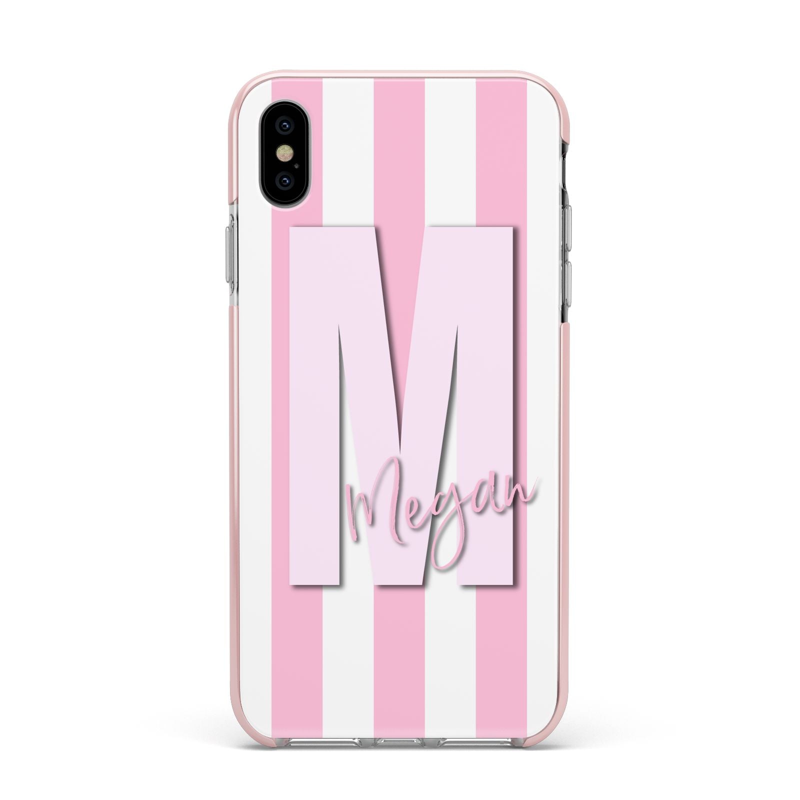 Personalised Candy Stripe Initials Apple iPhone Xs Max Impact Case Pink Edge on Silver Phone