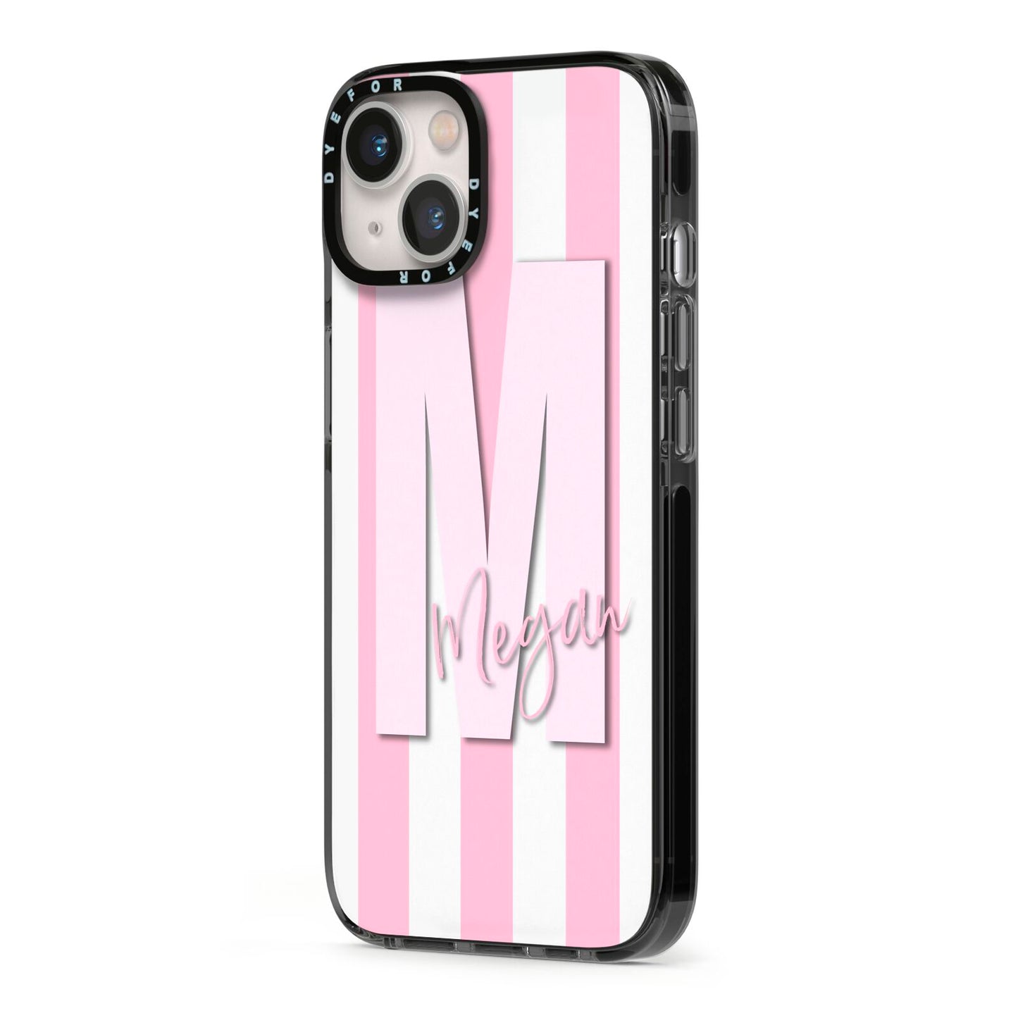 Personalised Candy Stripe Initials iPhone 13 Black Impact Case Side Angle on Silver phone