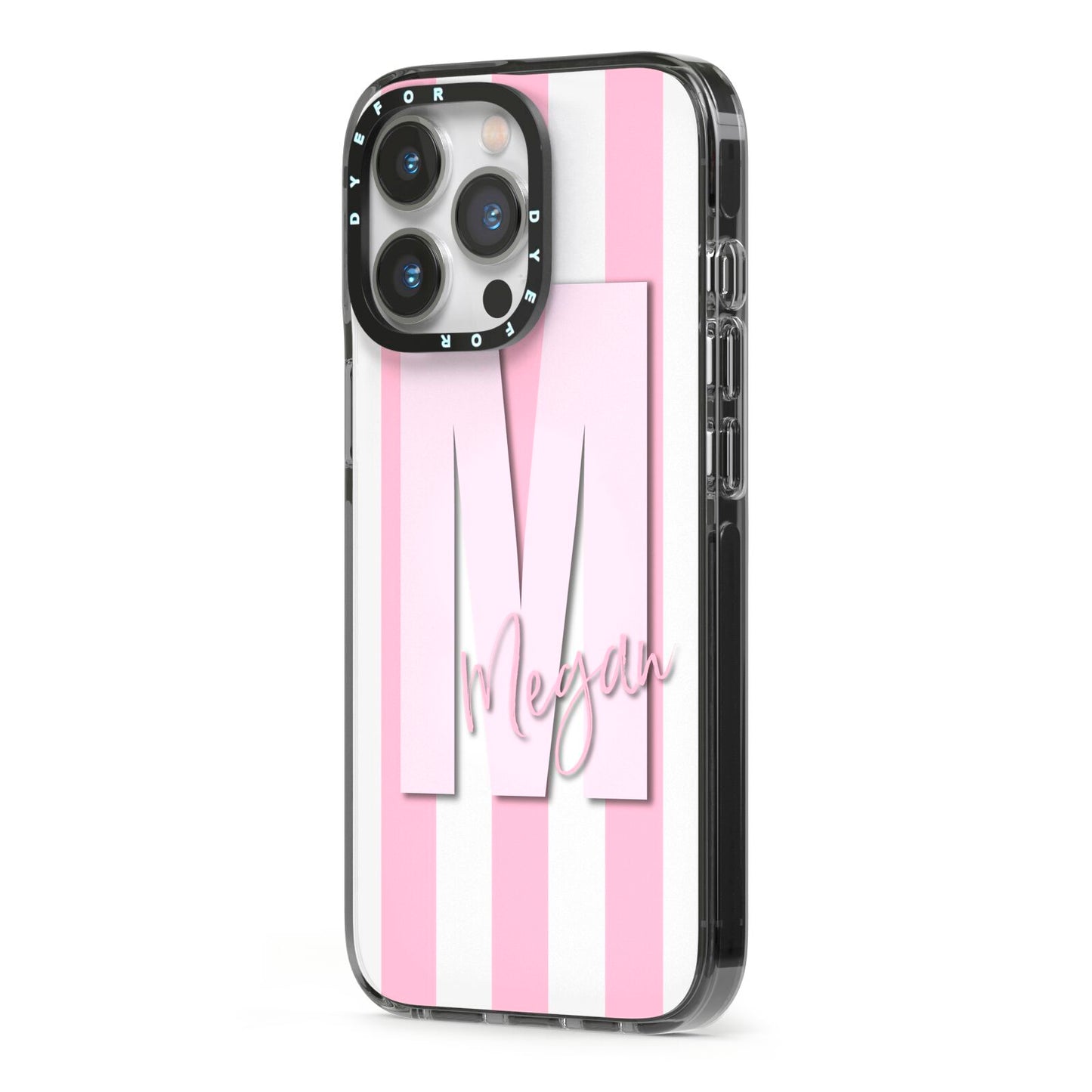 Personalised Candy Stripe Initials iPhone 13 Pro Black Impact Case Side Angle on Silver phone