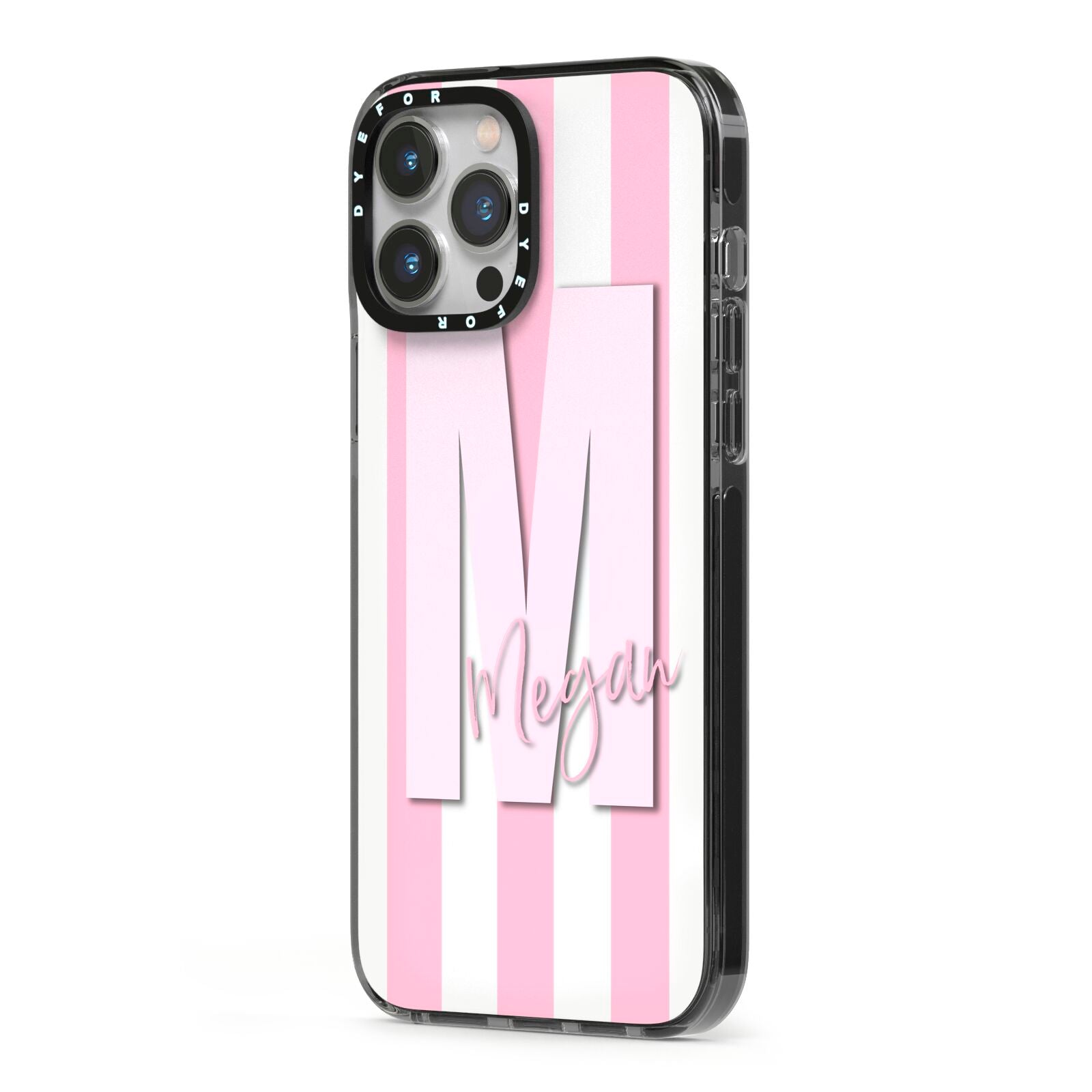 Personalised Candy Stripe Initials iPhone 13 Pro Max Black Impact Case Side Angle on Silver phone