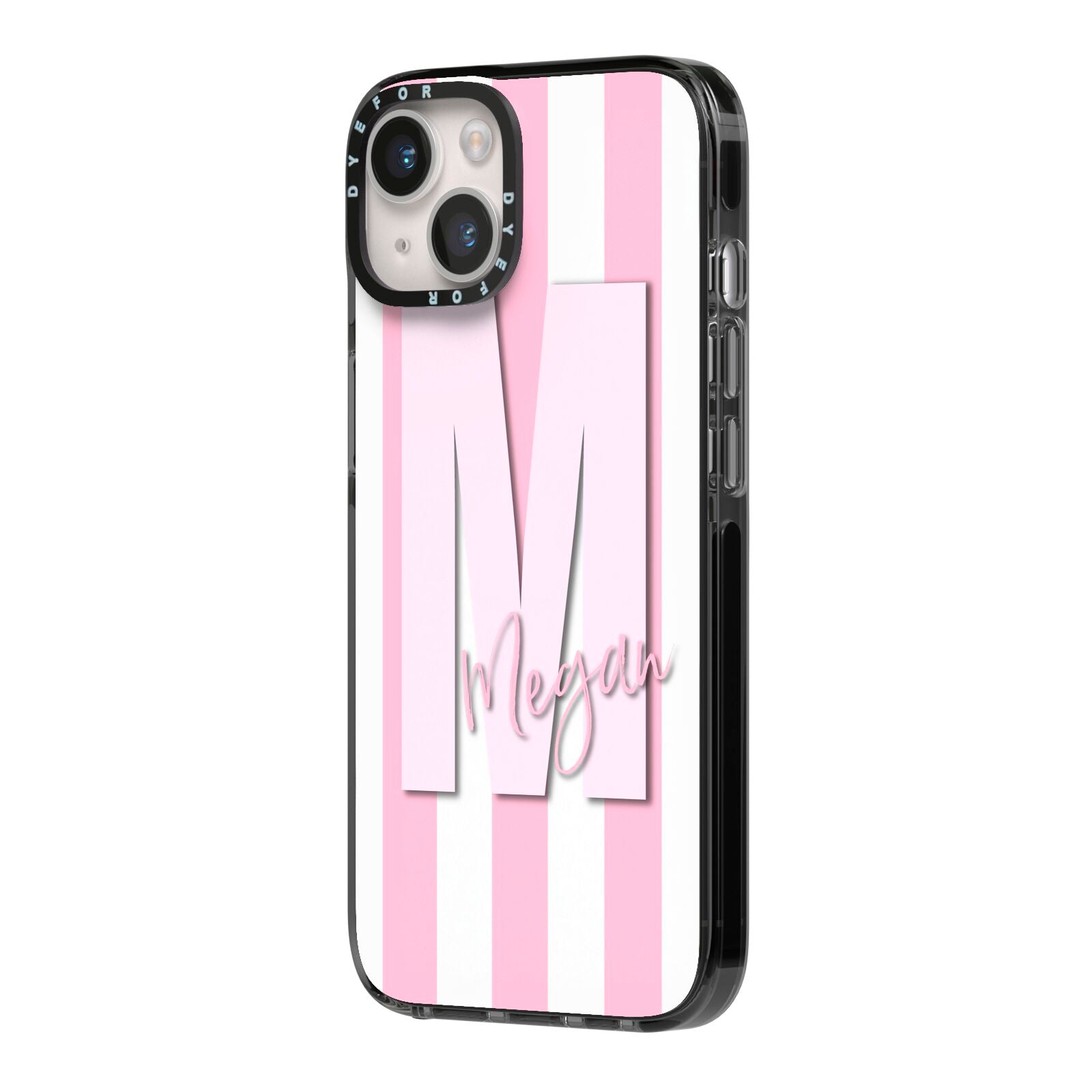 Personalised Candy Stripe Initials iPhone 14 Black Impact Case Side Angle on Silver phone