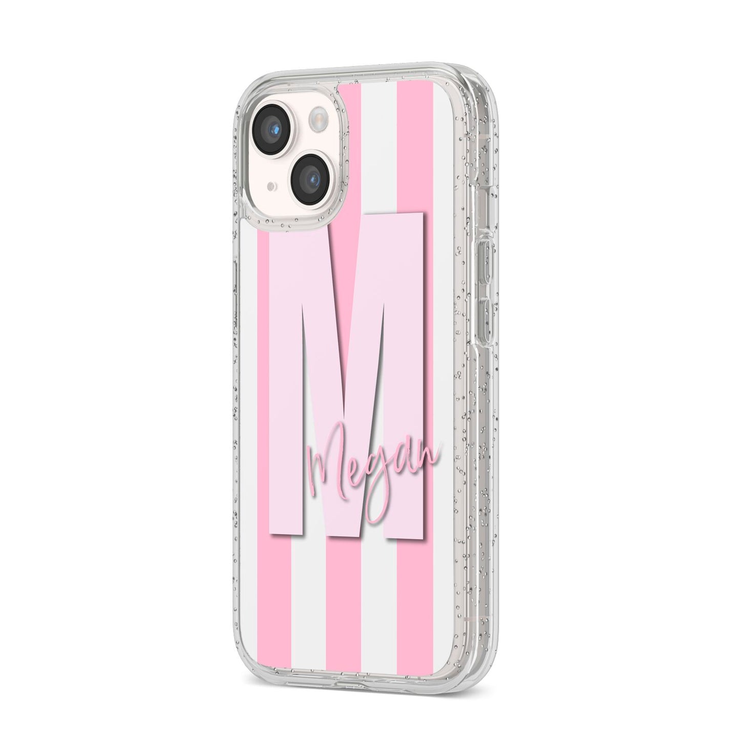 Personalised Candy Stripe Initials iPhone 14 Glitter Tough Case Starlight Angled Image