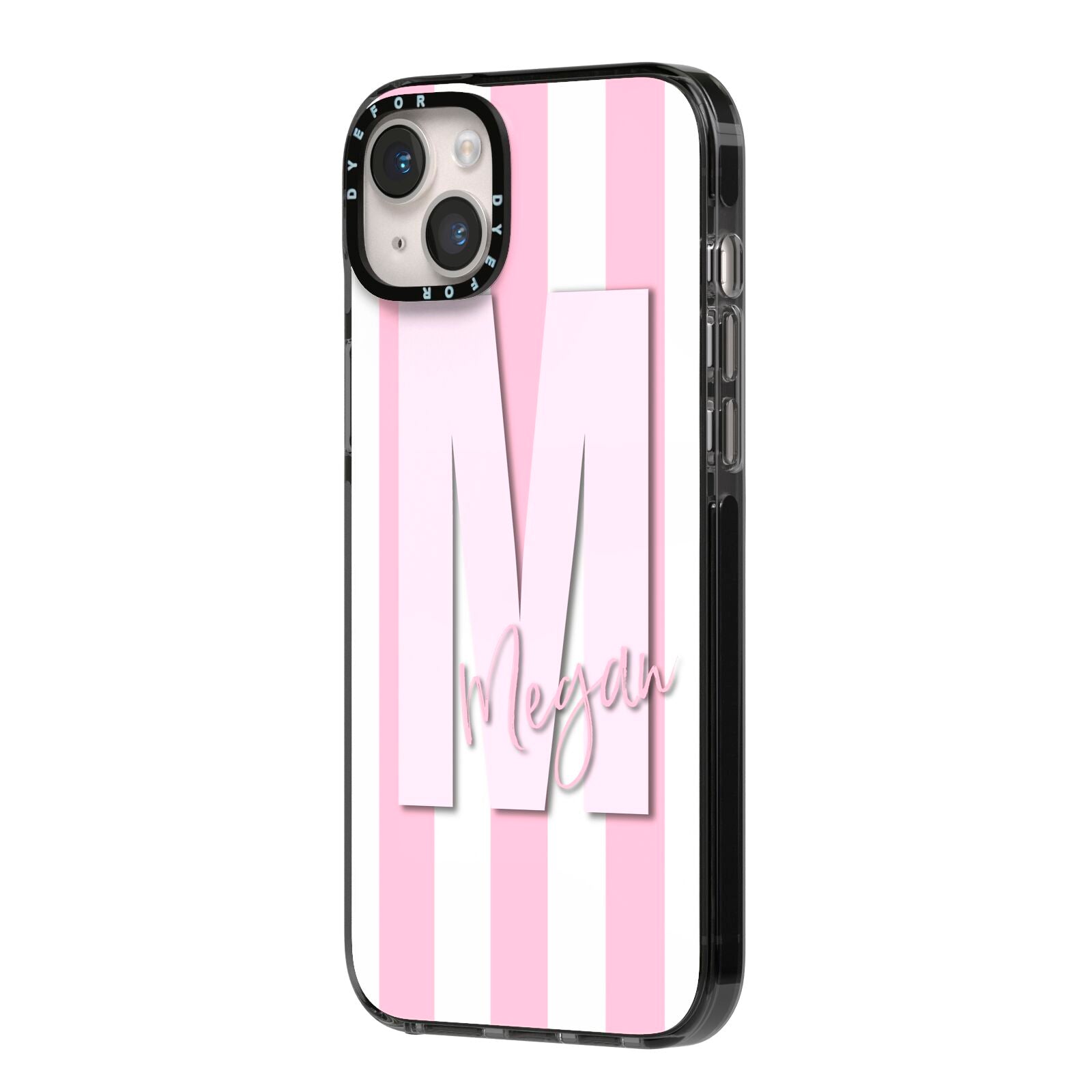 Personalised Candy Stripe Initials iPhone 14 Plus Black Impact Case Side Angle on Silver phone