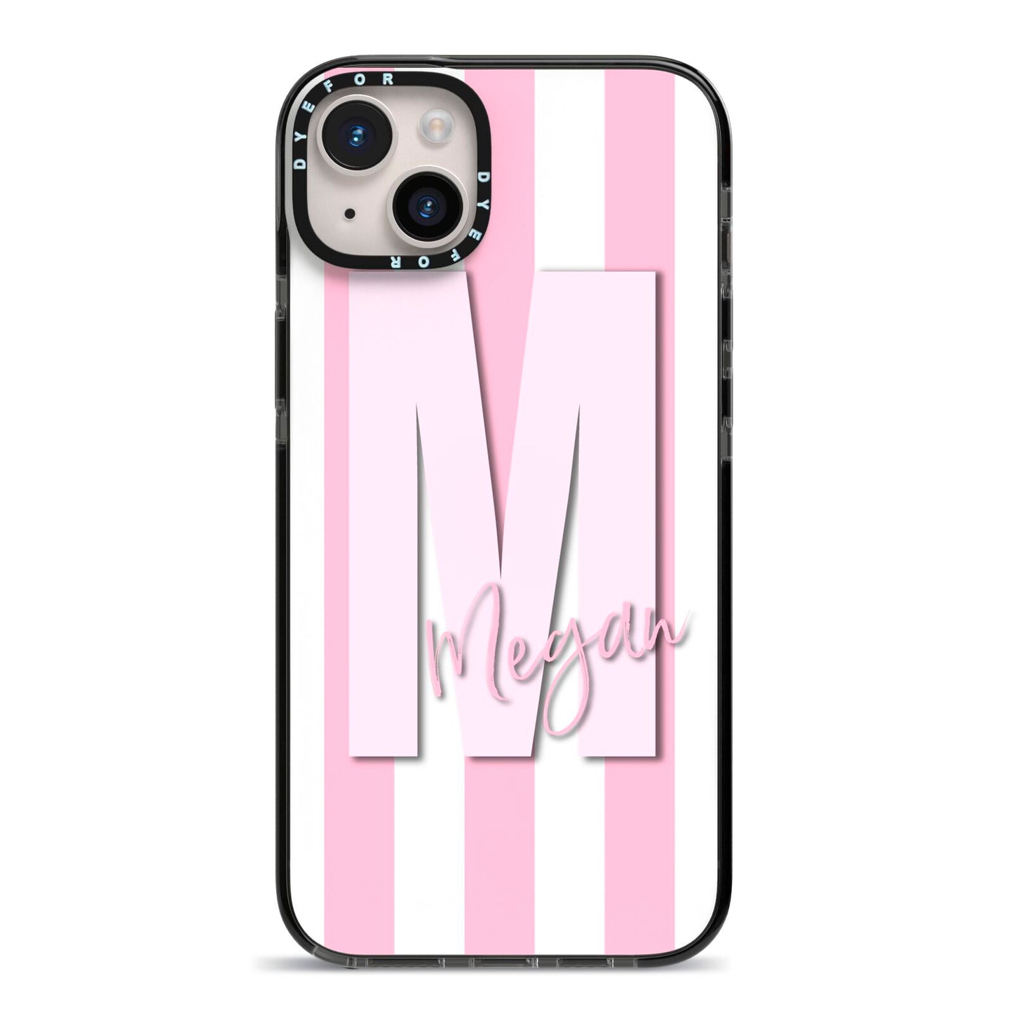 Personalised Candy Stripe Initials iPhone 14 Plus Black Impact Case on Silver phone