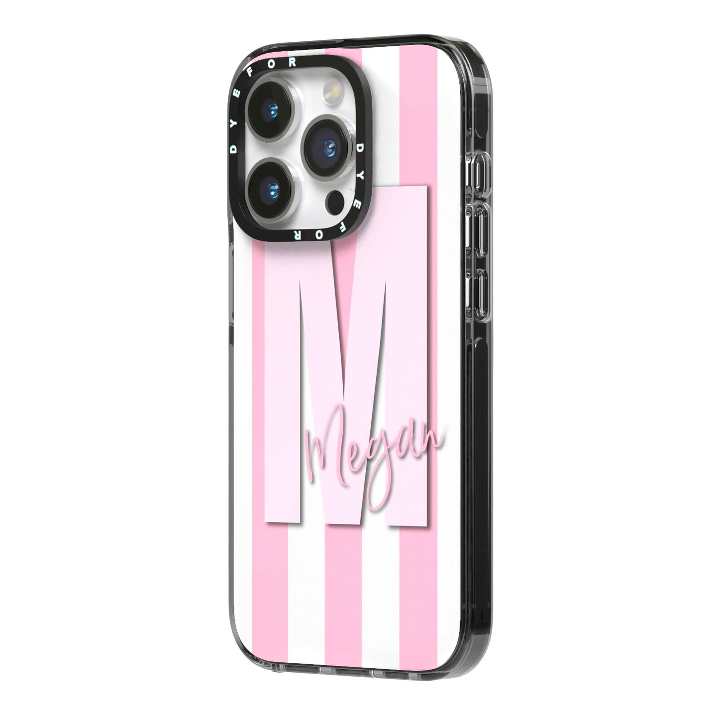 Personalised Candy Stripe Initials iPhone 14 Pro Black Impact Case Side Angle on Silver phone