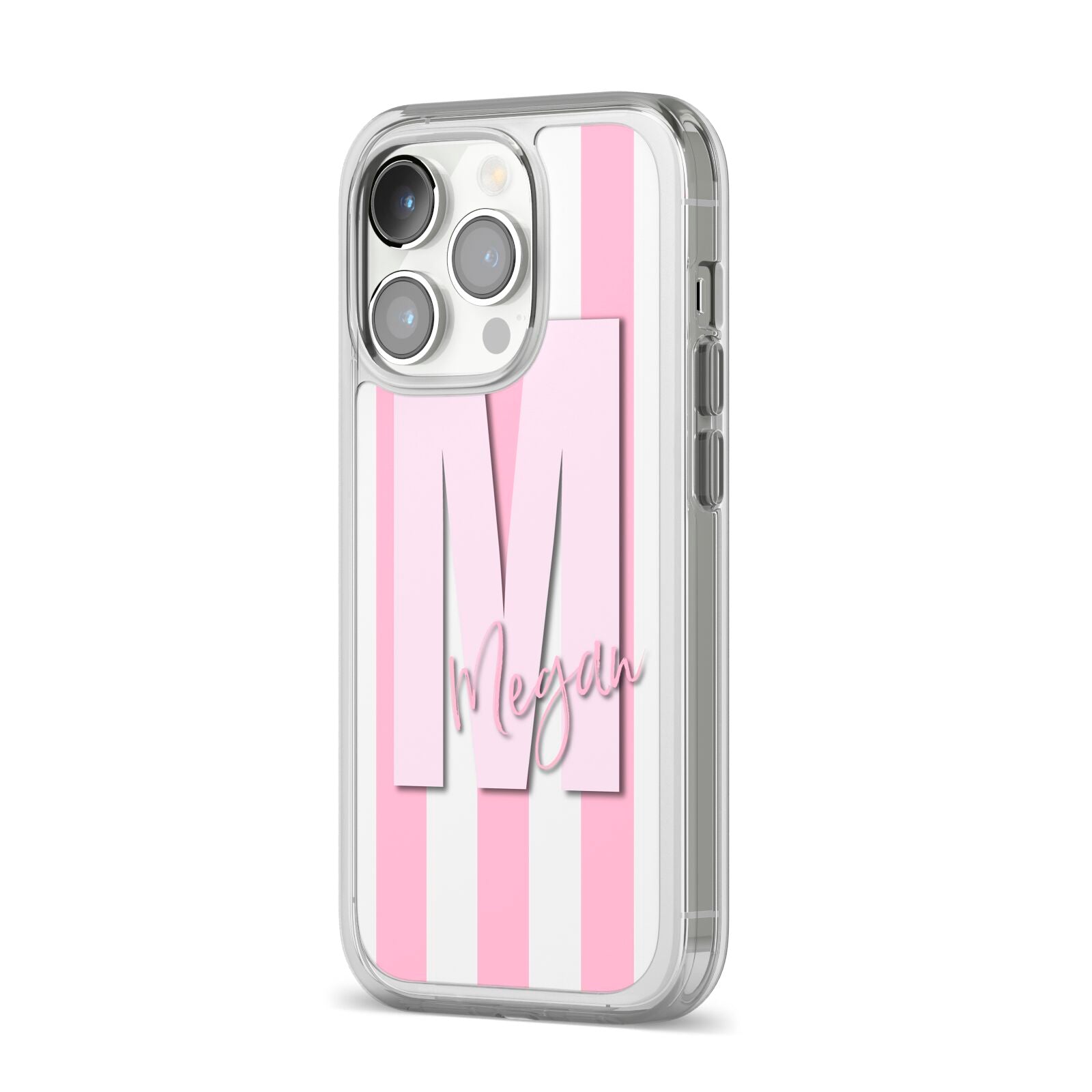 Personalised Candy Stripe Initials iPhone 14 Pro Clear Tough Case Silver Angled Image