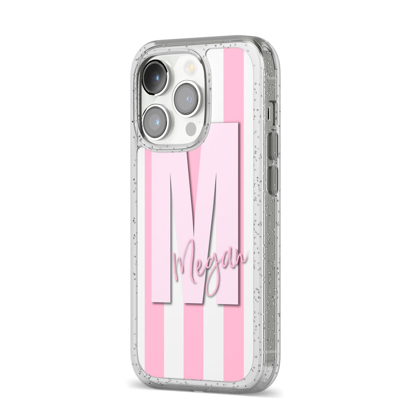 Personalised Candy Stripe Initials iPhone 14 Pro Glitter Tough Case Silver Angled Image