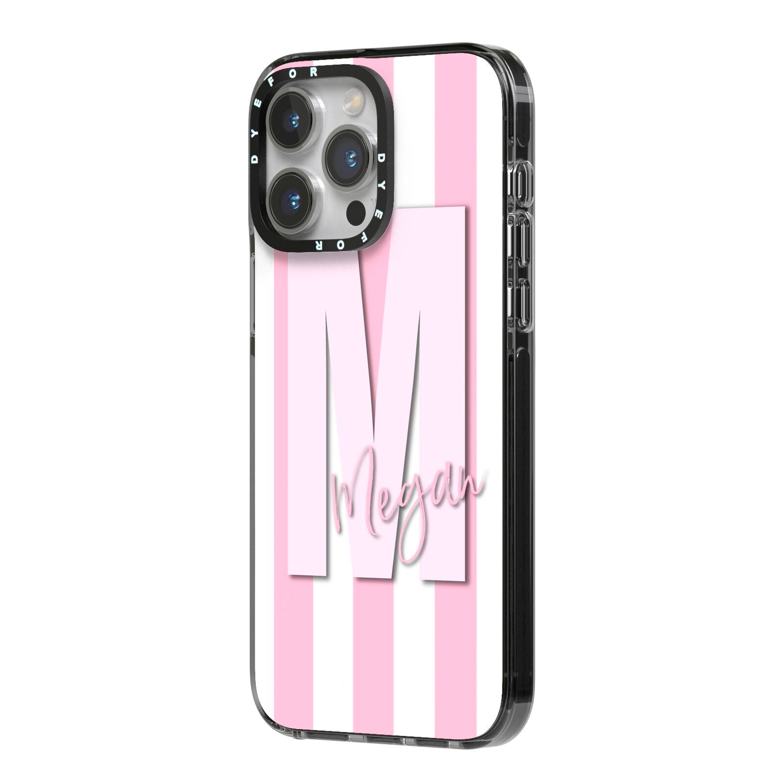 Personalised Candy Stripe Initials iPhone 14 Pro Max Black Impact Case Side Angle on Silver phone