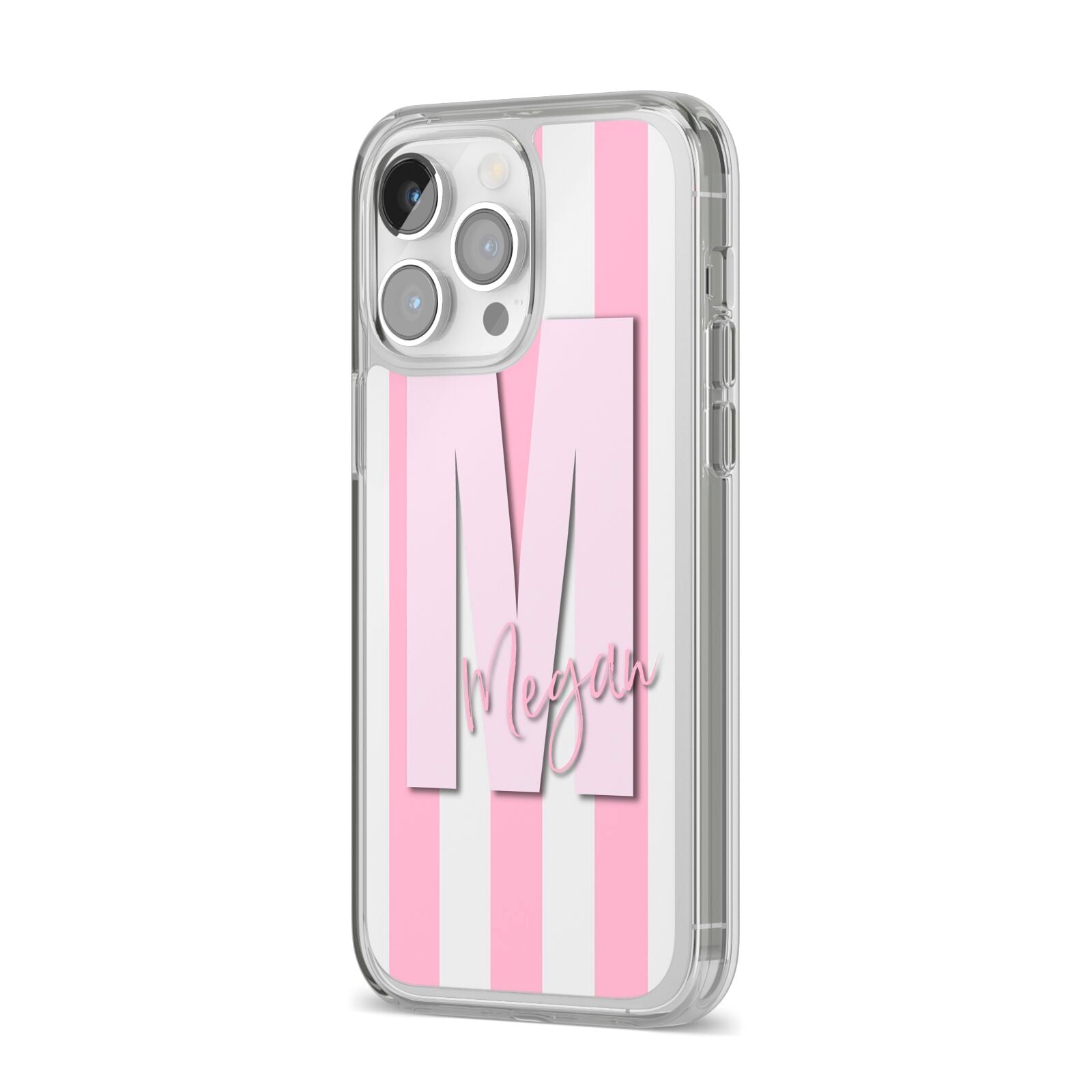 Personalised Candy Stripe Initials iPhone 14 Pro Max Clear Tough Case Silver Angled Image