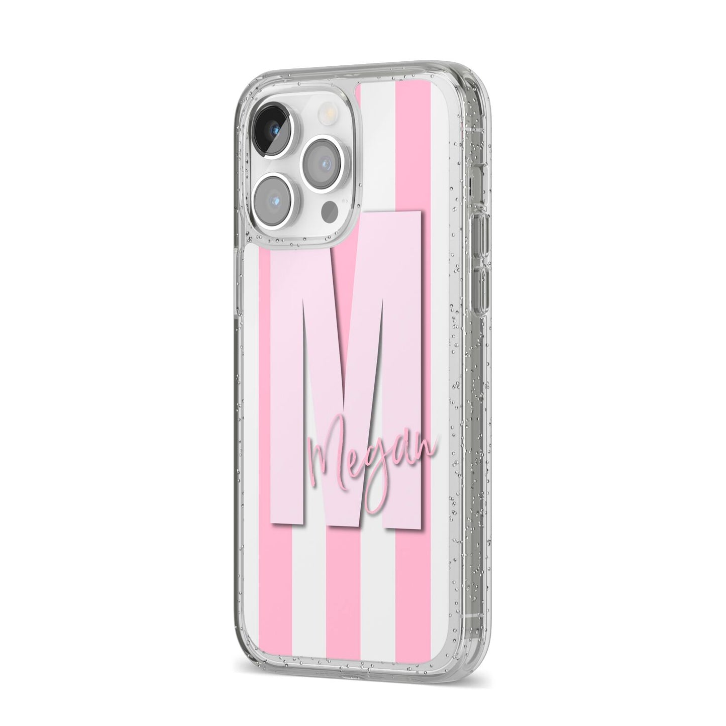 Personalised Candy Stripe Initials iPhone 14 Pro Max Glitter Tough Case Silver Angled Image