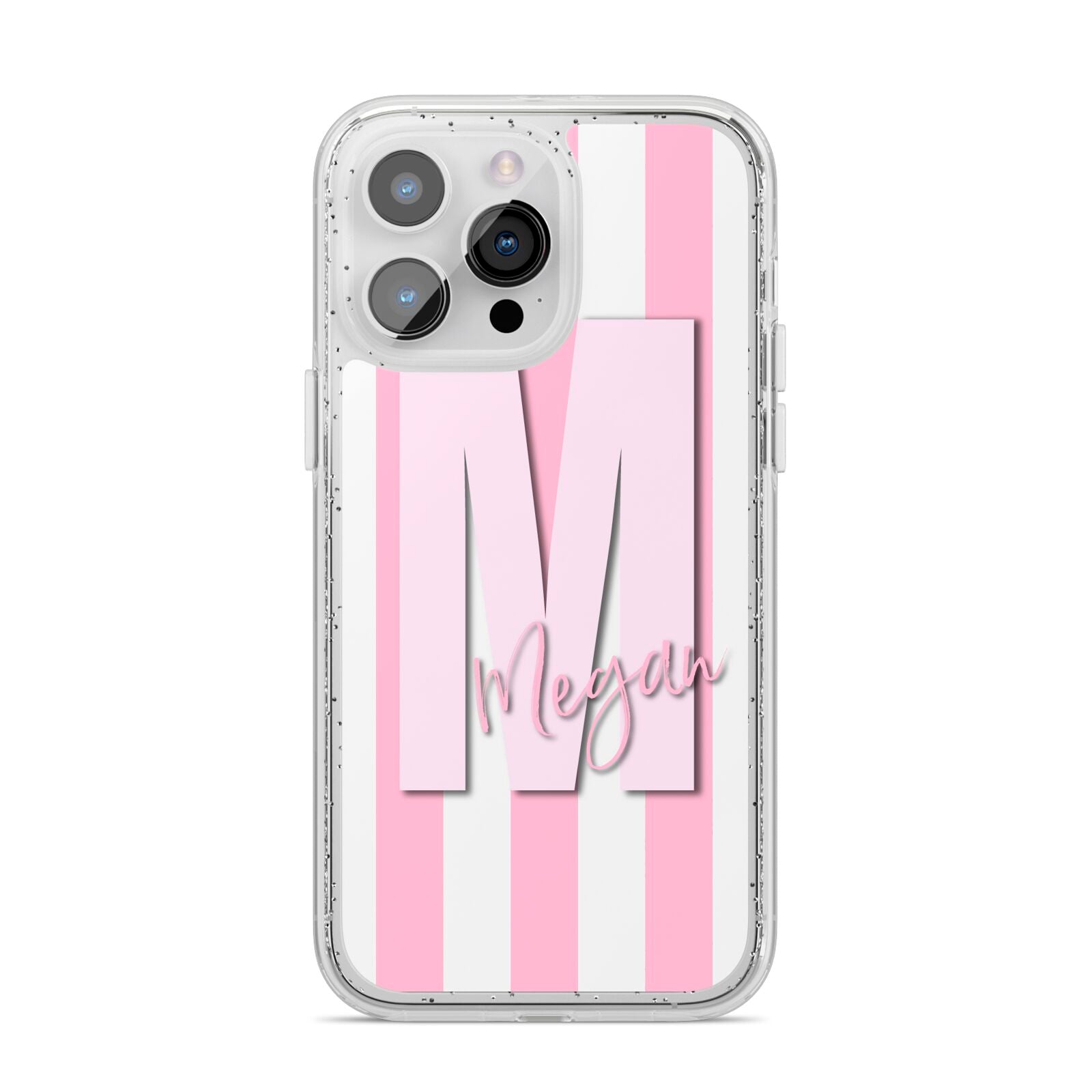 Personalised Candy Stripe Initials iPhone 14 Pro Max Glitter Tough Case Silver