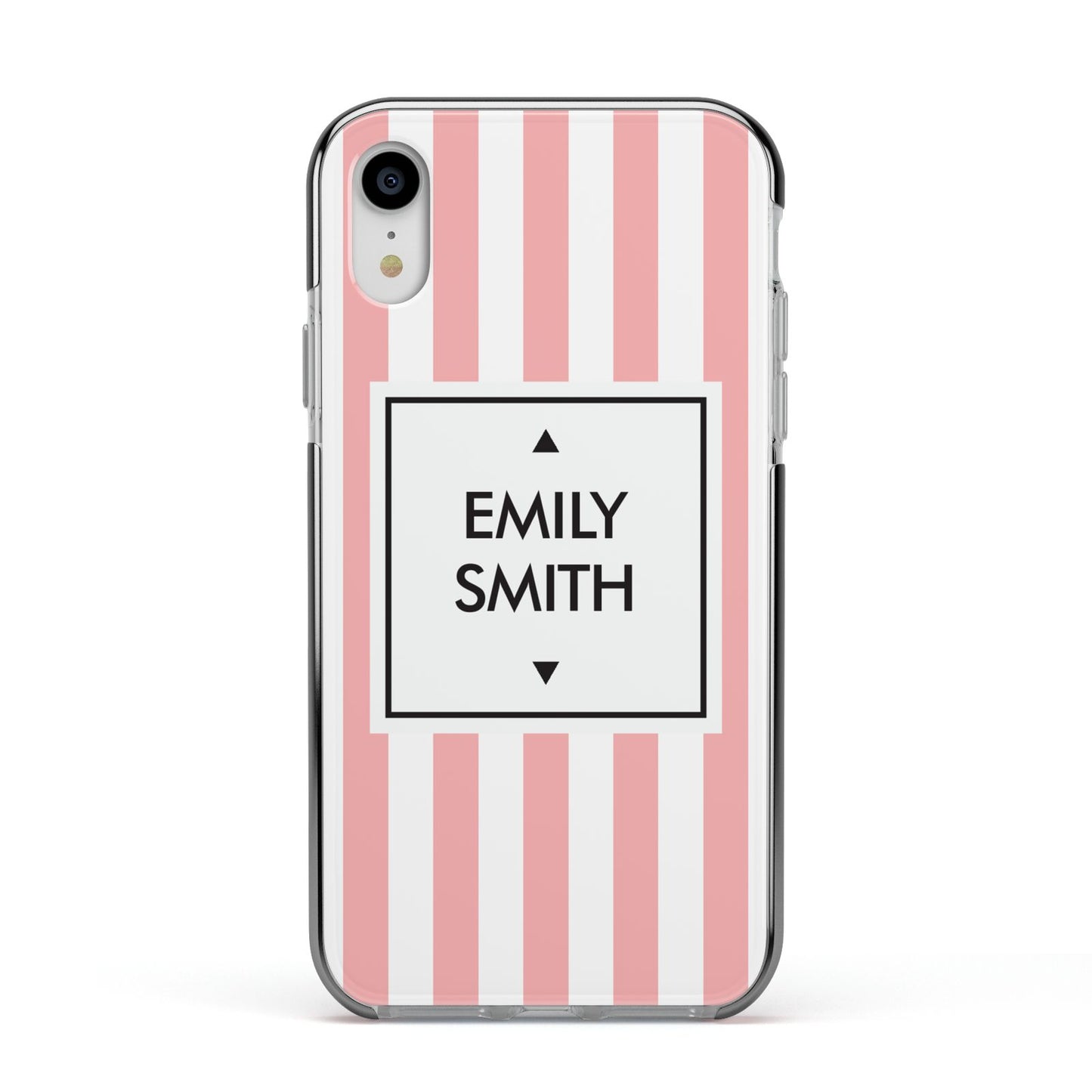 Personalised Candy Striped Name Initials Apple iPhone XR Impact Case Black Edge on Silver Phone