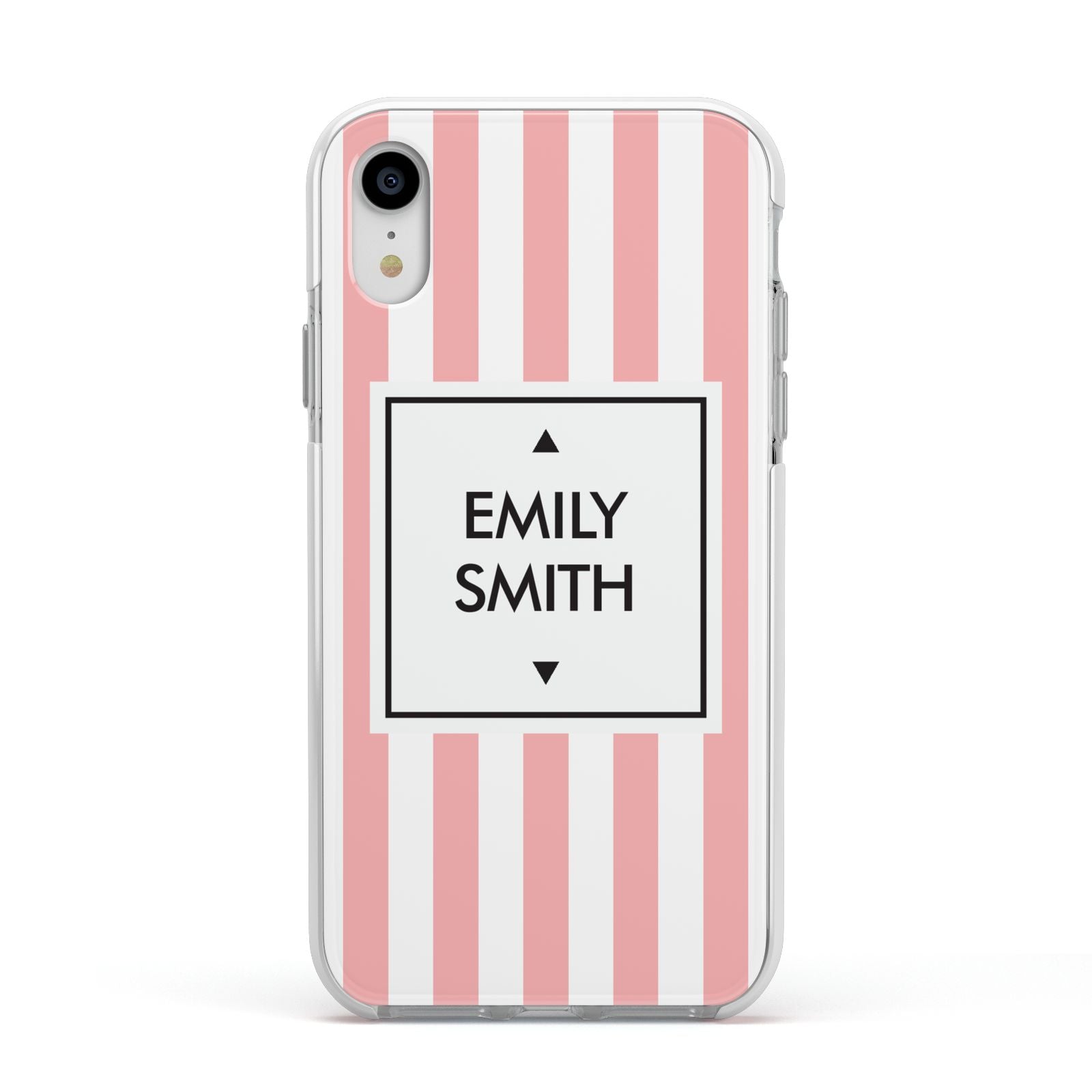 Personalised Candy Striped Name Initials Apple iPhone XR Impact Case White Edge on Silver Phone