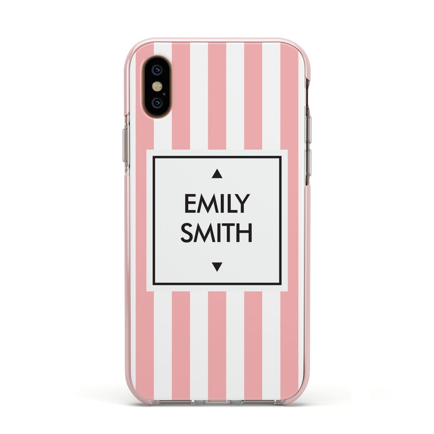 Personalised Candy Striped Name Initials Apple iPhone Xs Impact Case Pink Edge on Gold Phone