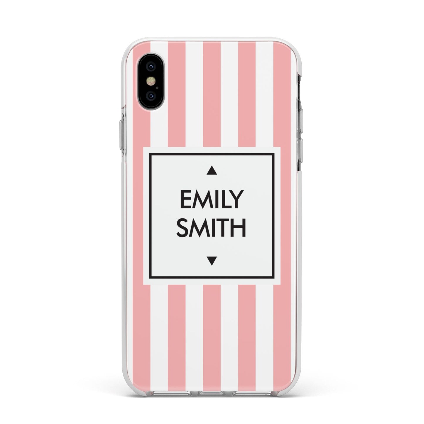 Personalised Candy Striped Name Initials Apple iPhone Xs Max Impact Case White Edge on Silver Phone