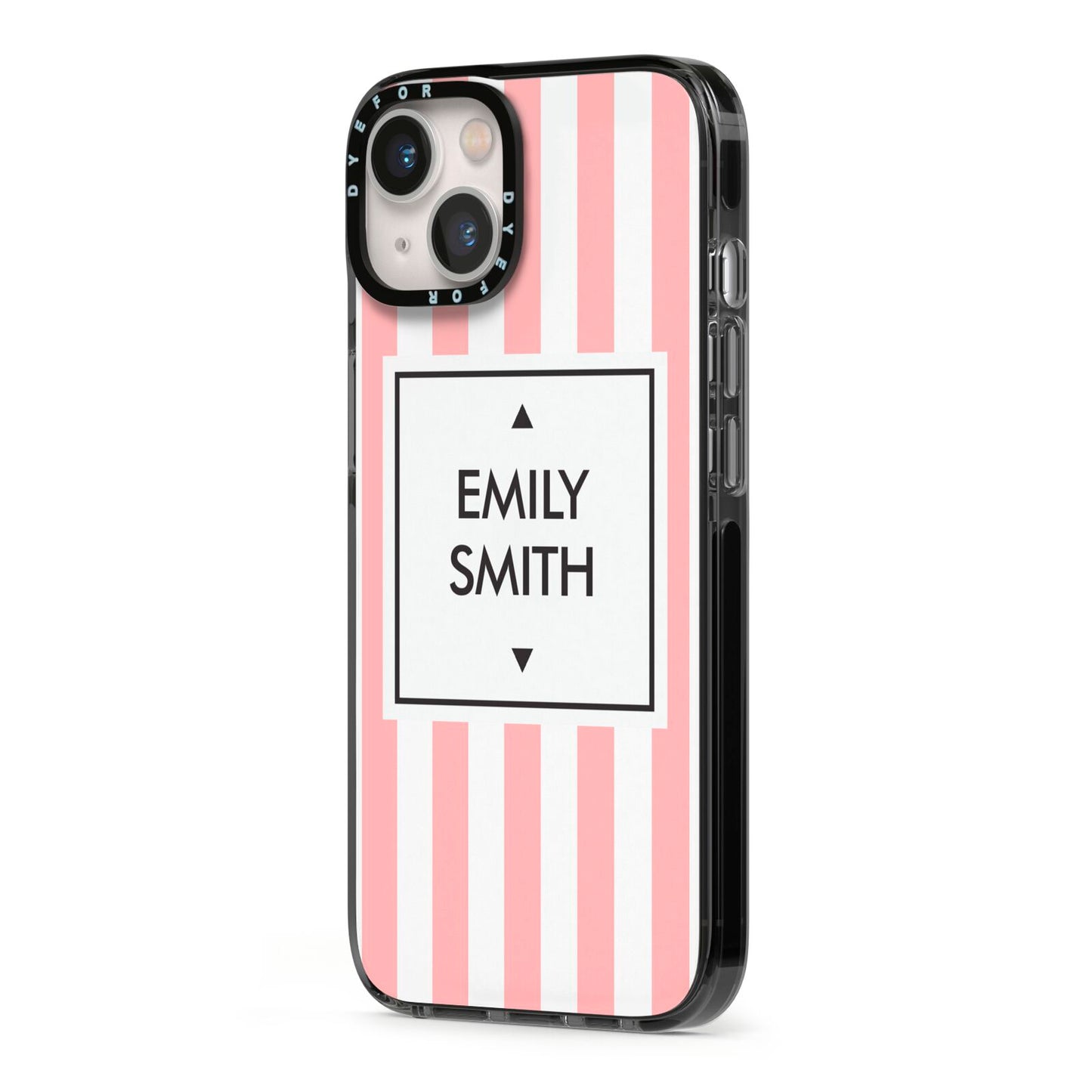 Personalised Candy Striped Name Initials iPhone 13 Black Impact Case Side Angle on Silver phone