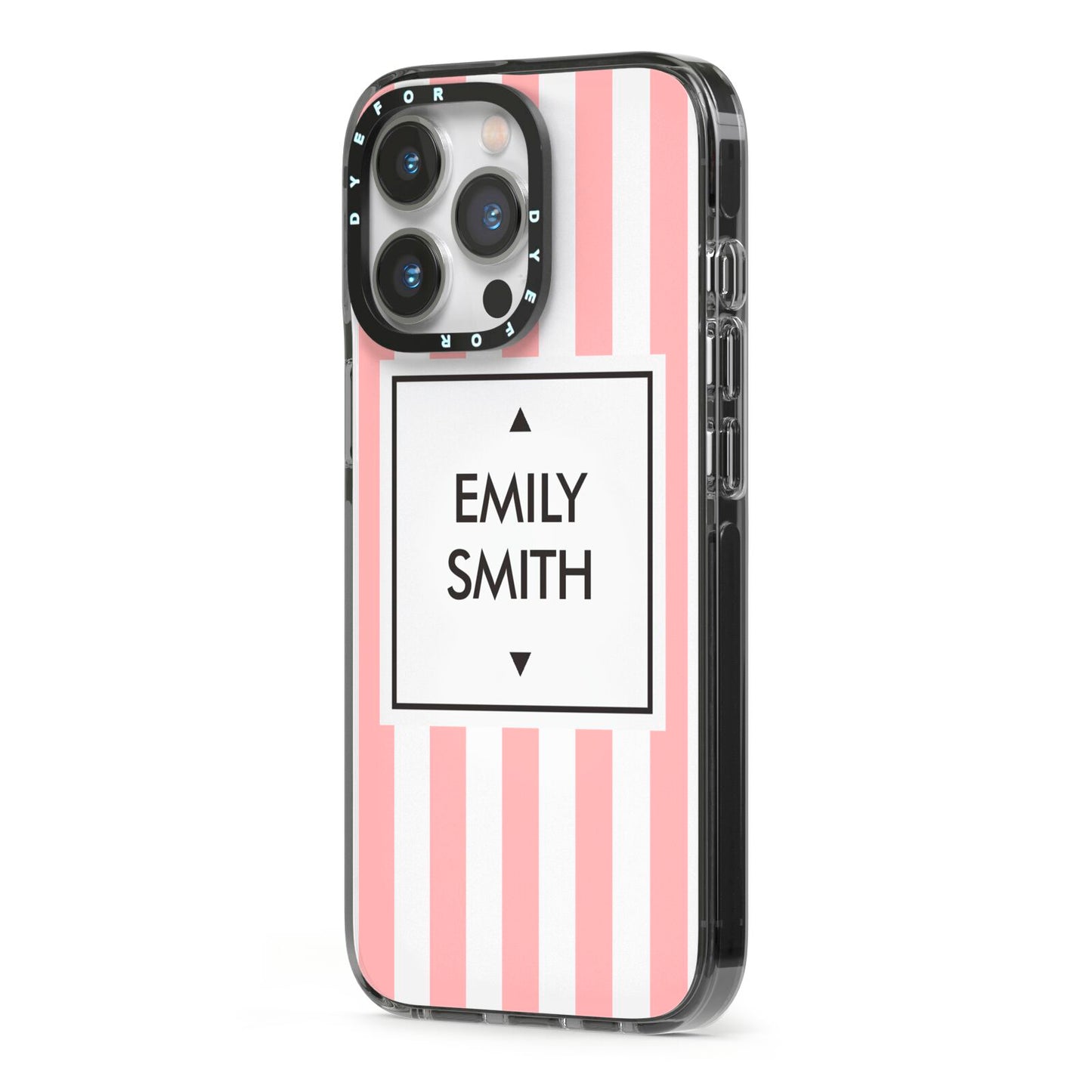 Personalised Candy Striped Name Initials iPhone 13 Pro Black Impact Case Side Angle on Silver phone