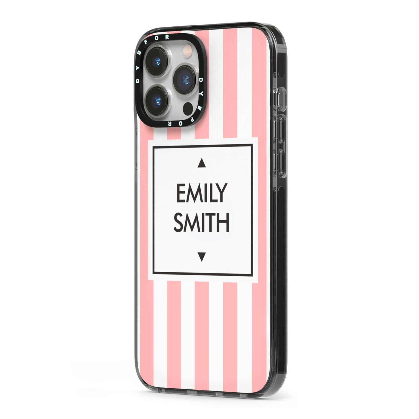 Personalised Candy Striped Name Initials iPhone 13 Pro Max Black Impact Case Side Angle on Silver phone