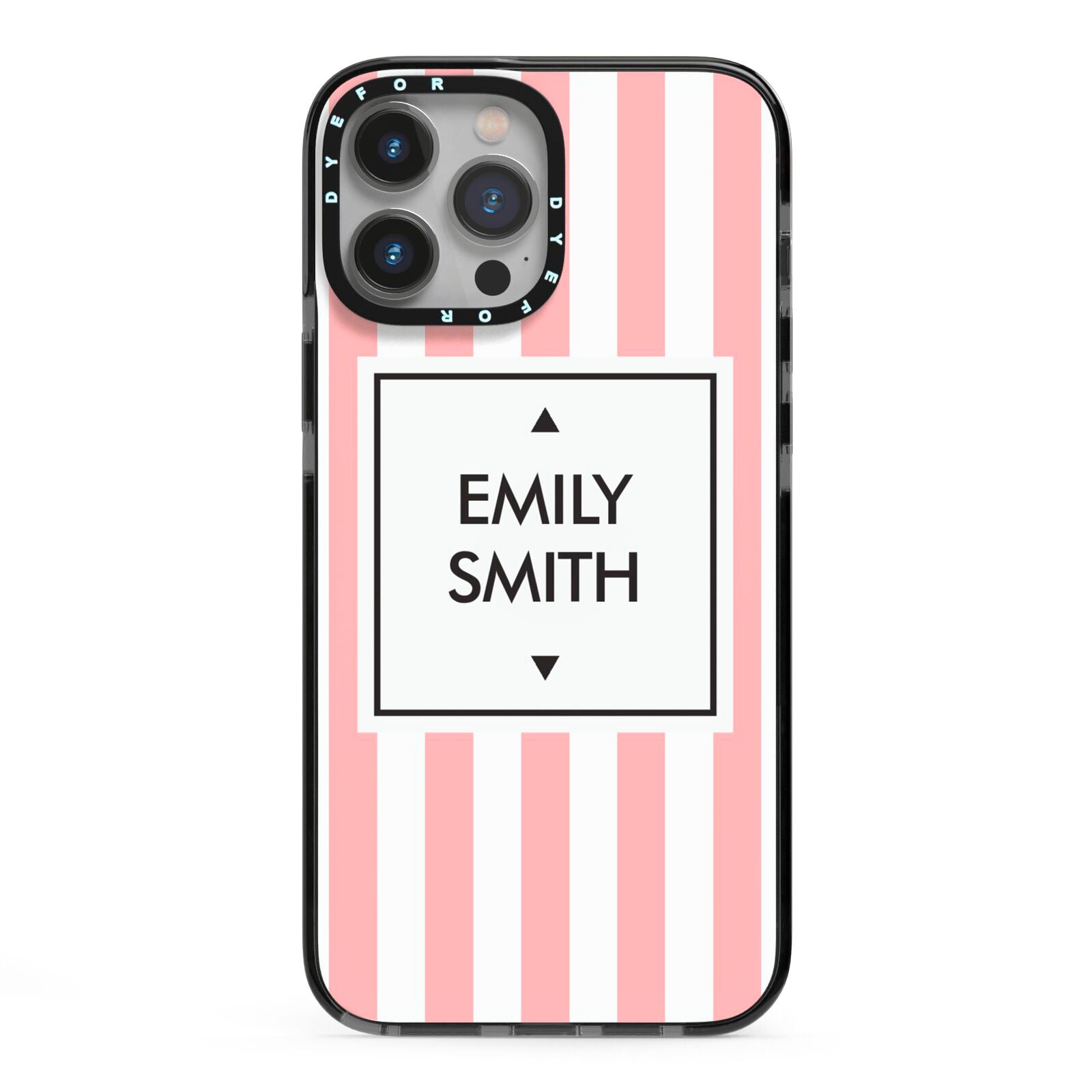 Personalised Candy Striped Name Initials iPhone 13 Pro Max Black Impact Case on Silver phone