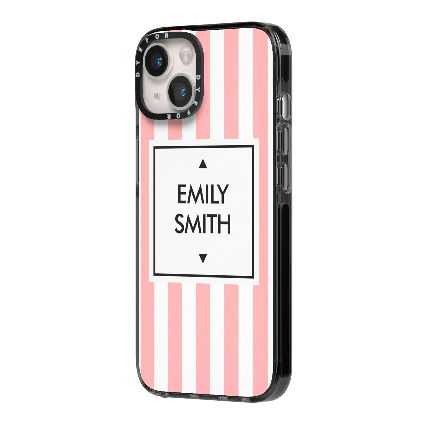 Personalised Candy Striped Name Initials iPhone 14 Black Impact Case Side Angle on Silver phone