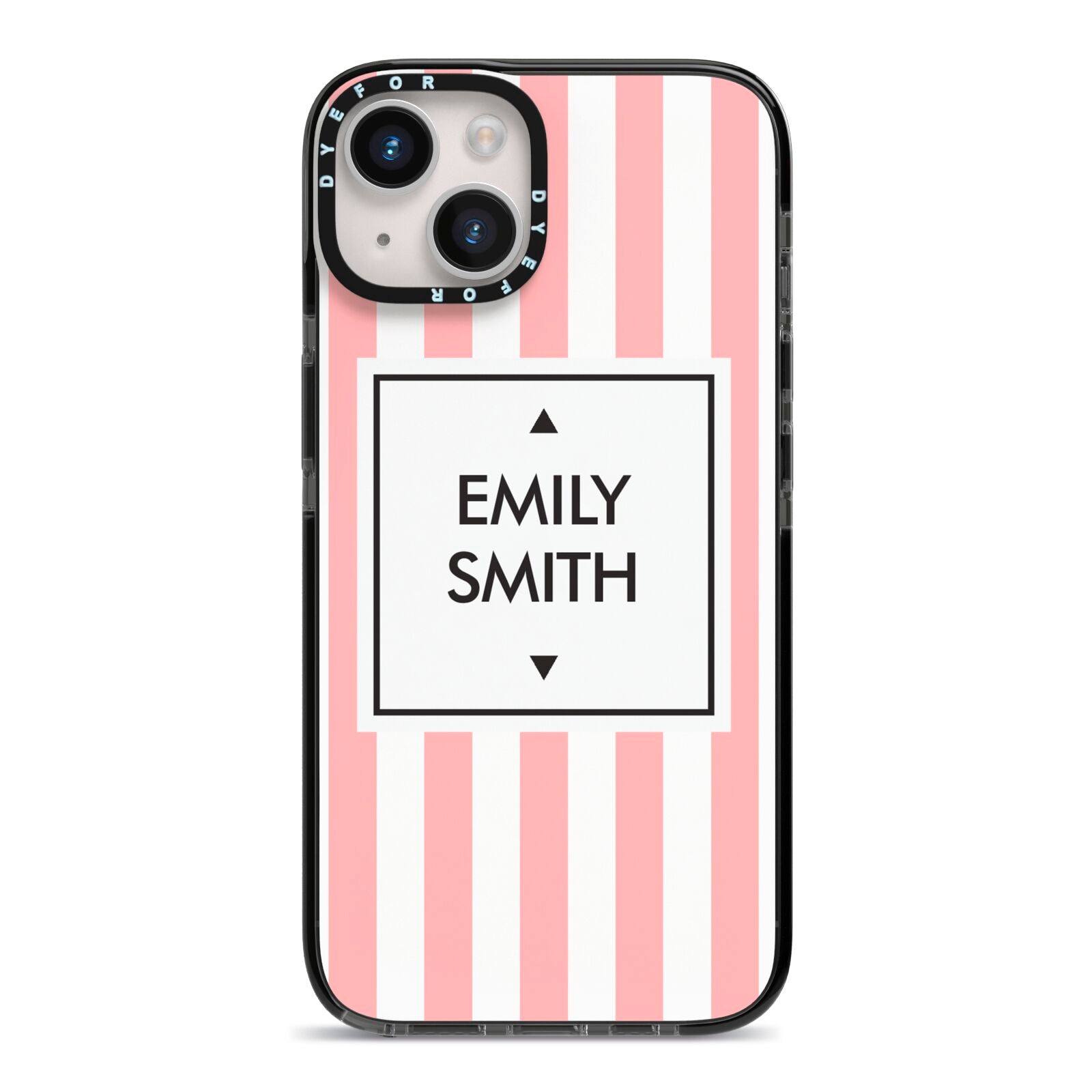 Personalised Candy Striped Name Initials iPhone 14 Black Impact Case on Silver phone