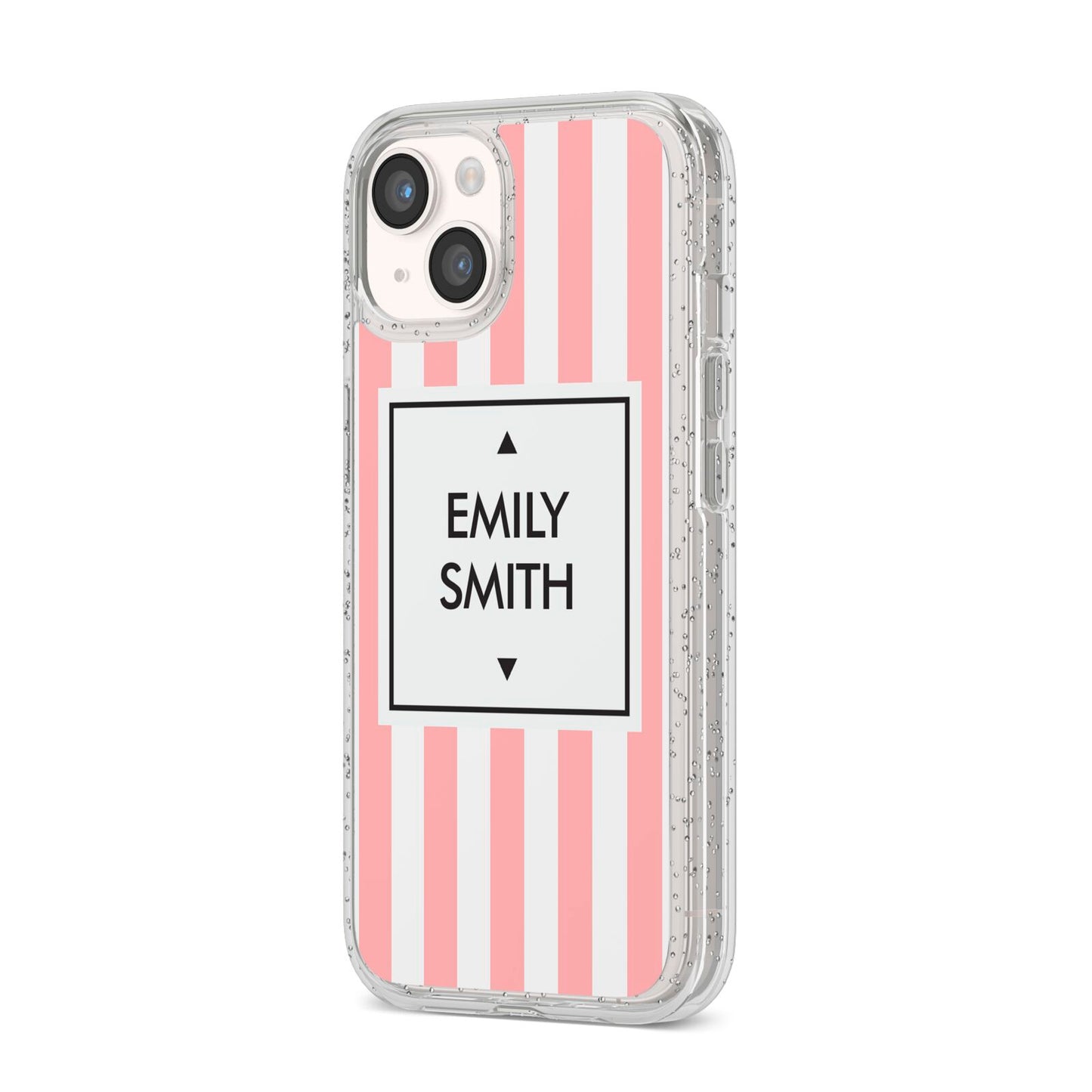 Personalised Candy Striped Name Initials iPhone 14 Glitter Tough Case Starlight Angled Image