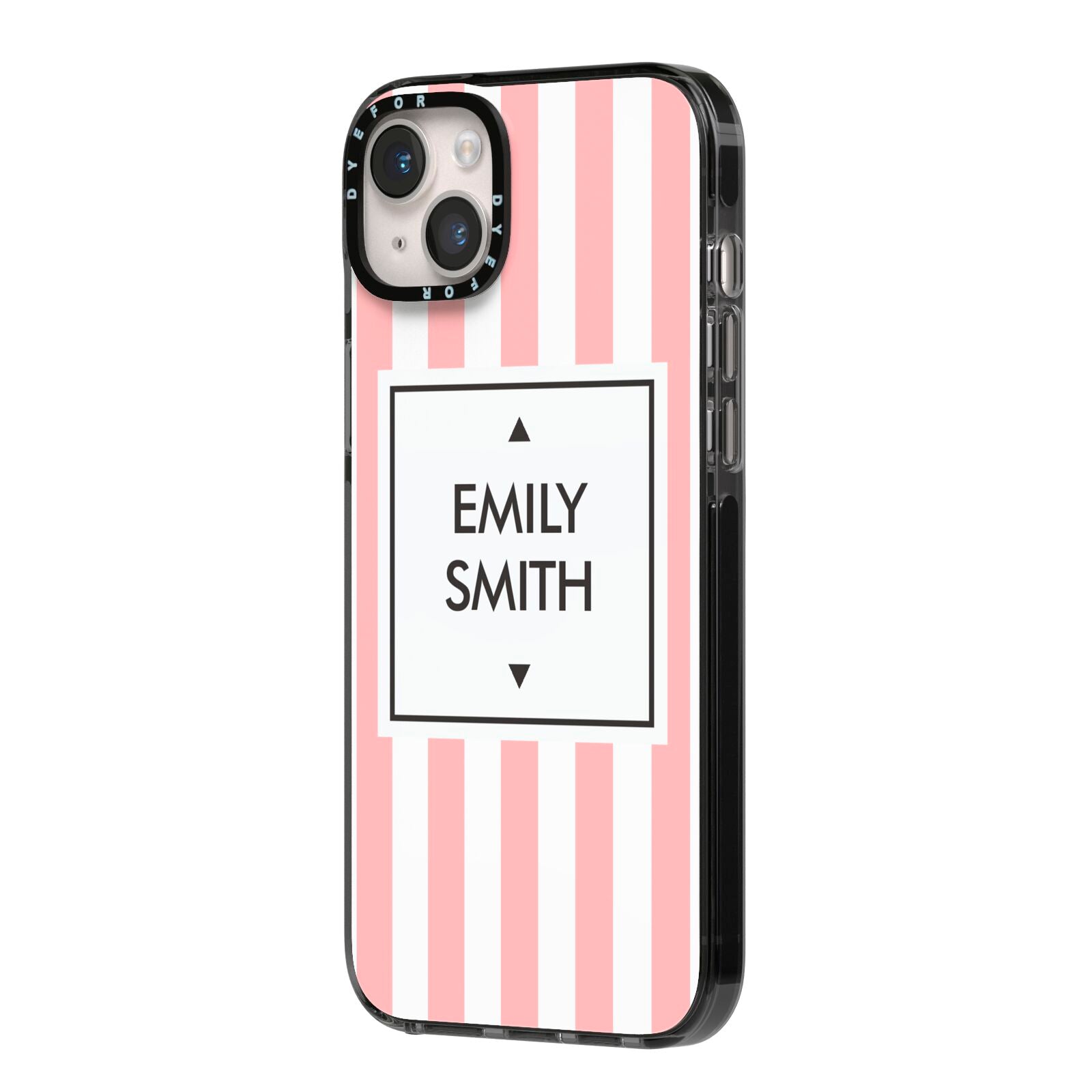 Personalised Candy Striped Name Initials iPhone 14 Plus Black Impact Case Side Angle on Silver phone