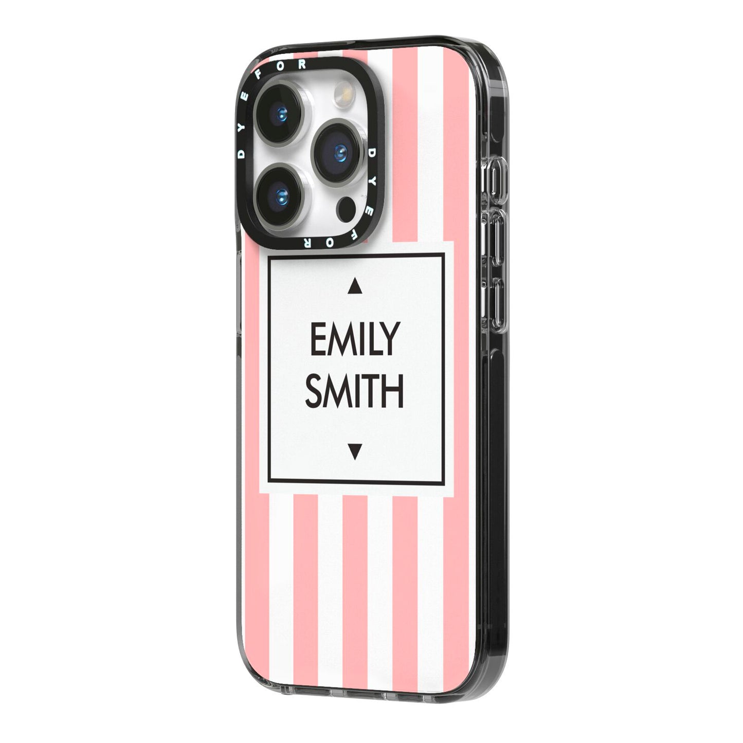 Personalised Candy Striped Name Initials iPhone 14 Pro Black Impact Case Side Angle on Silver phone