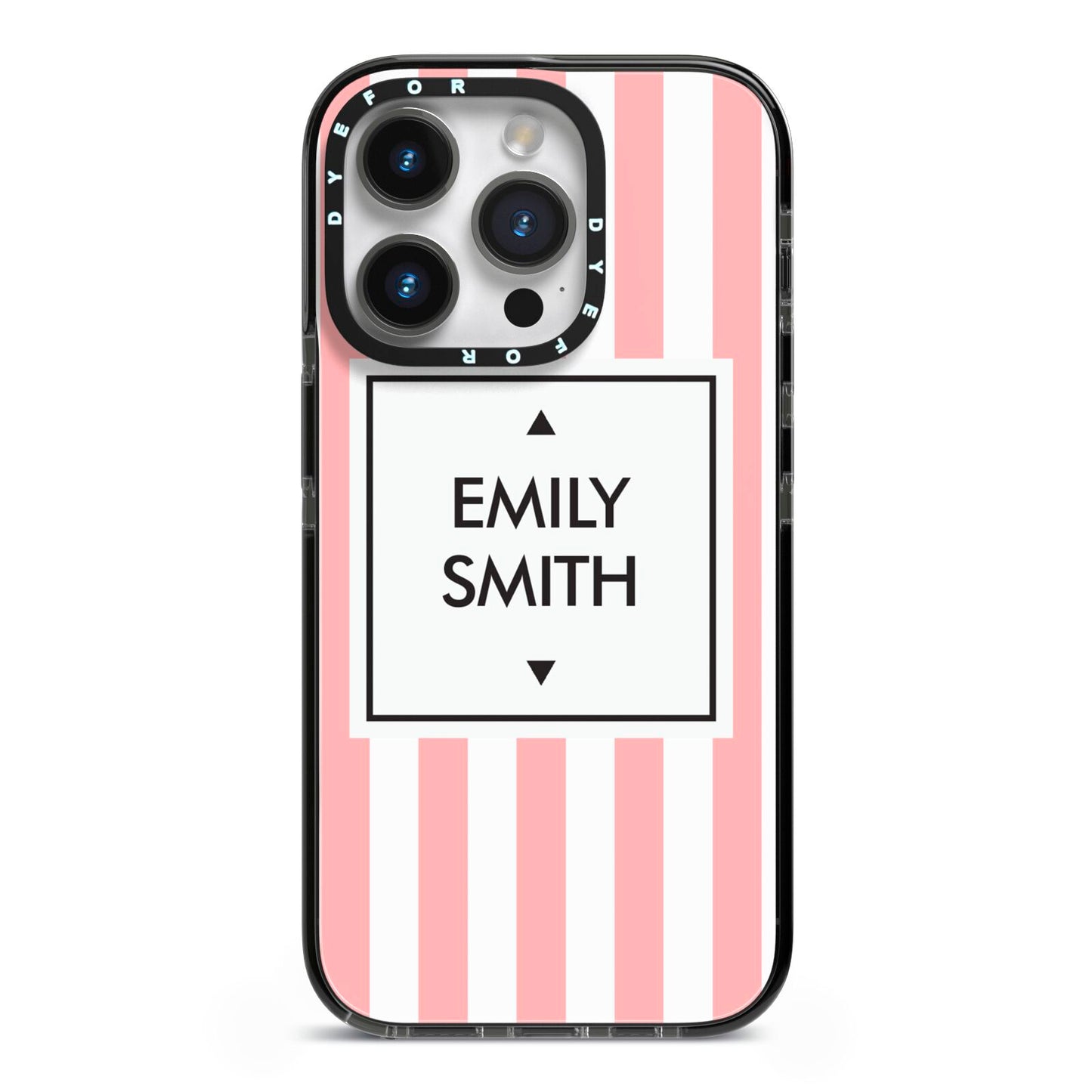 Personalised Candy Striped Name Initials iPhone 14 Pro Black Impact Case on Silver phone