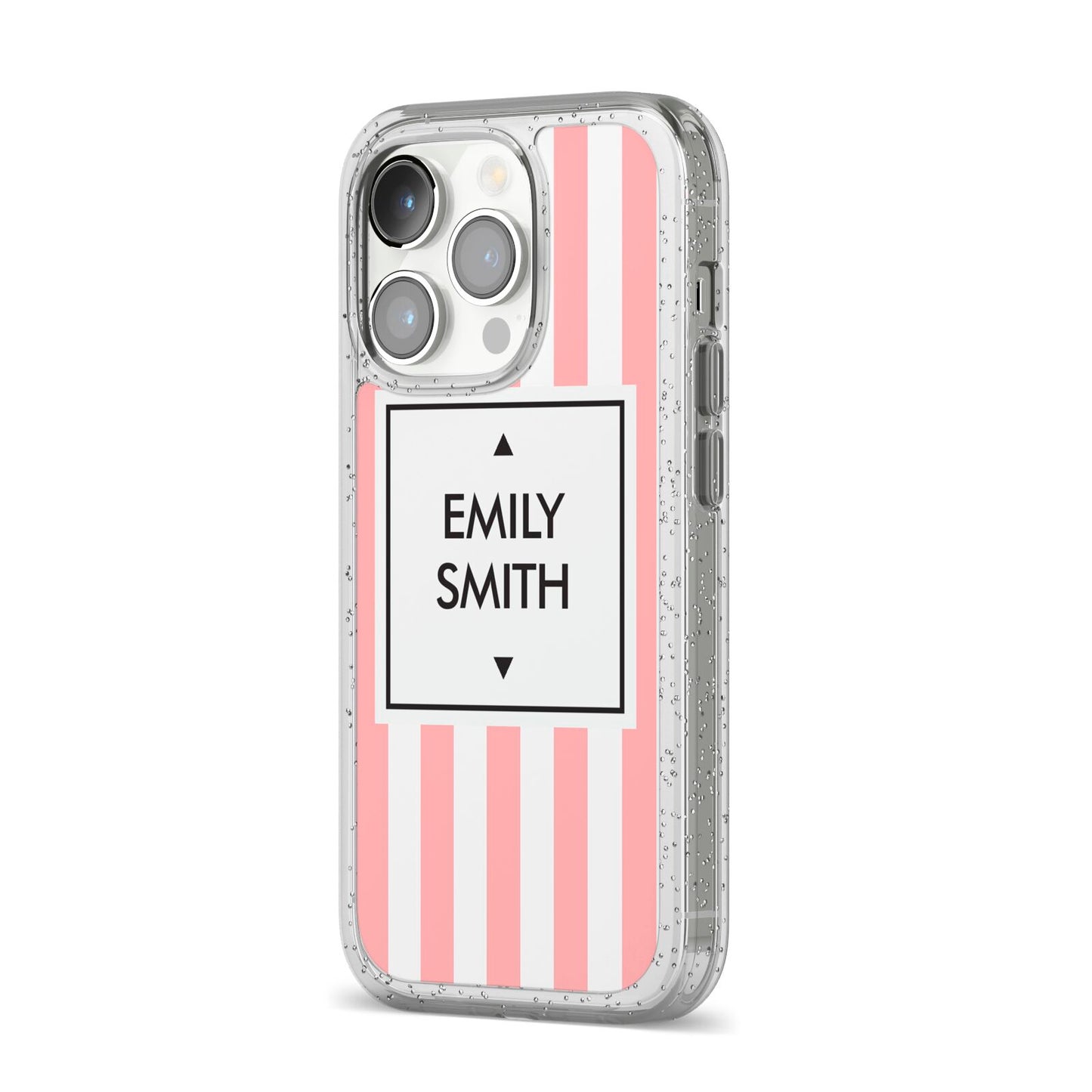 Personalised Candy Striped Name Initials iPhone 14 Pro Glitter Tough Case Silver Angled Image