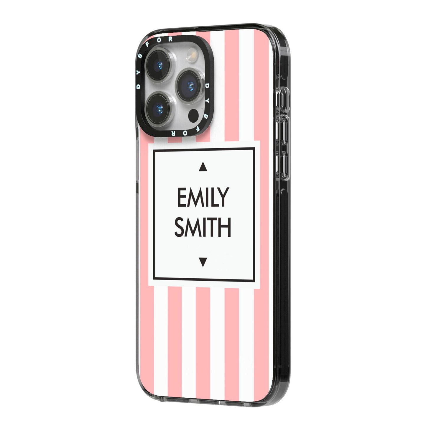 Personalised Candy Striped Name Initials iPhone 14 Pro Max Black Impact Case Side Angle on Silver phone