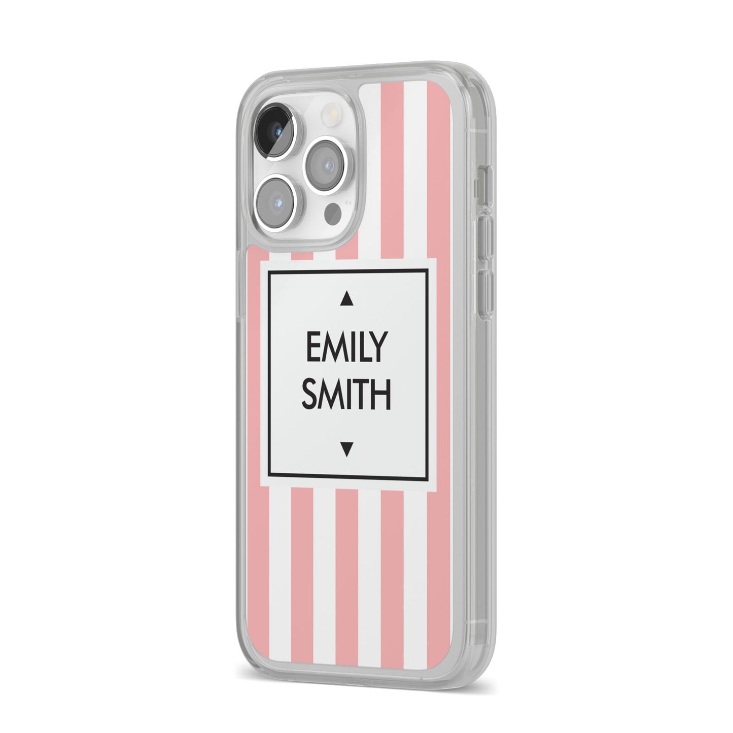 Personalised Candy Striped Name Initials iPhone 14 Pro Max Clear Tough Case Silver Angled Image