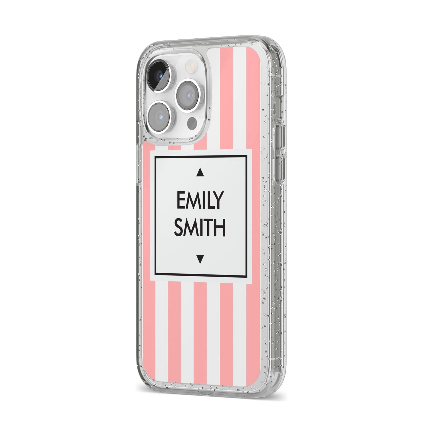 Personalised Candy Striped Name Initials iPhone 14 Pro Max Glitter Tough Case Silver Angled Image