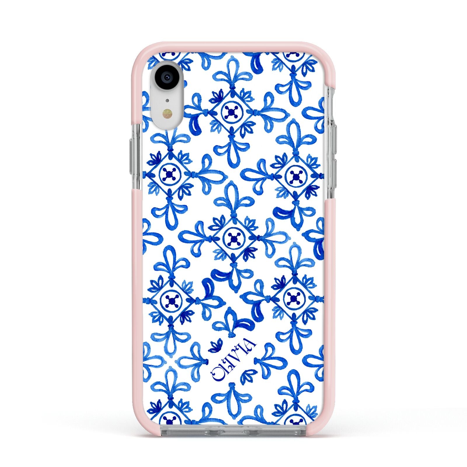 Personalised Capri Tiles Apple iPhone XR Impact Case Pink Edge on Silver Phone