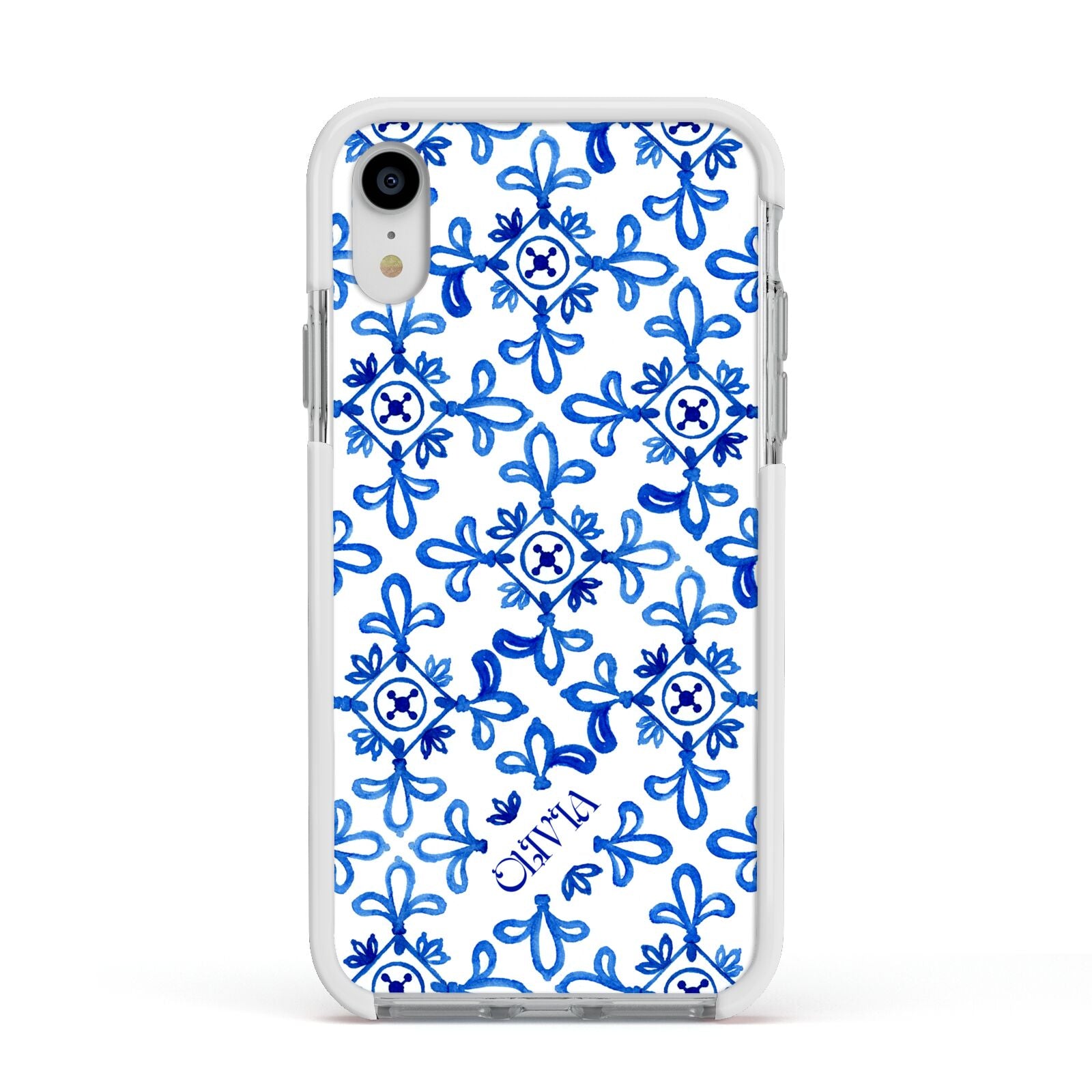 Personalised Capri Tiles Apple iPhone XR Impact Case White Edge on Silver Phone