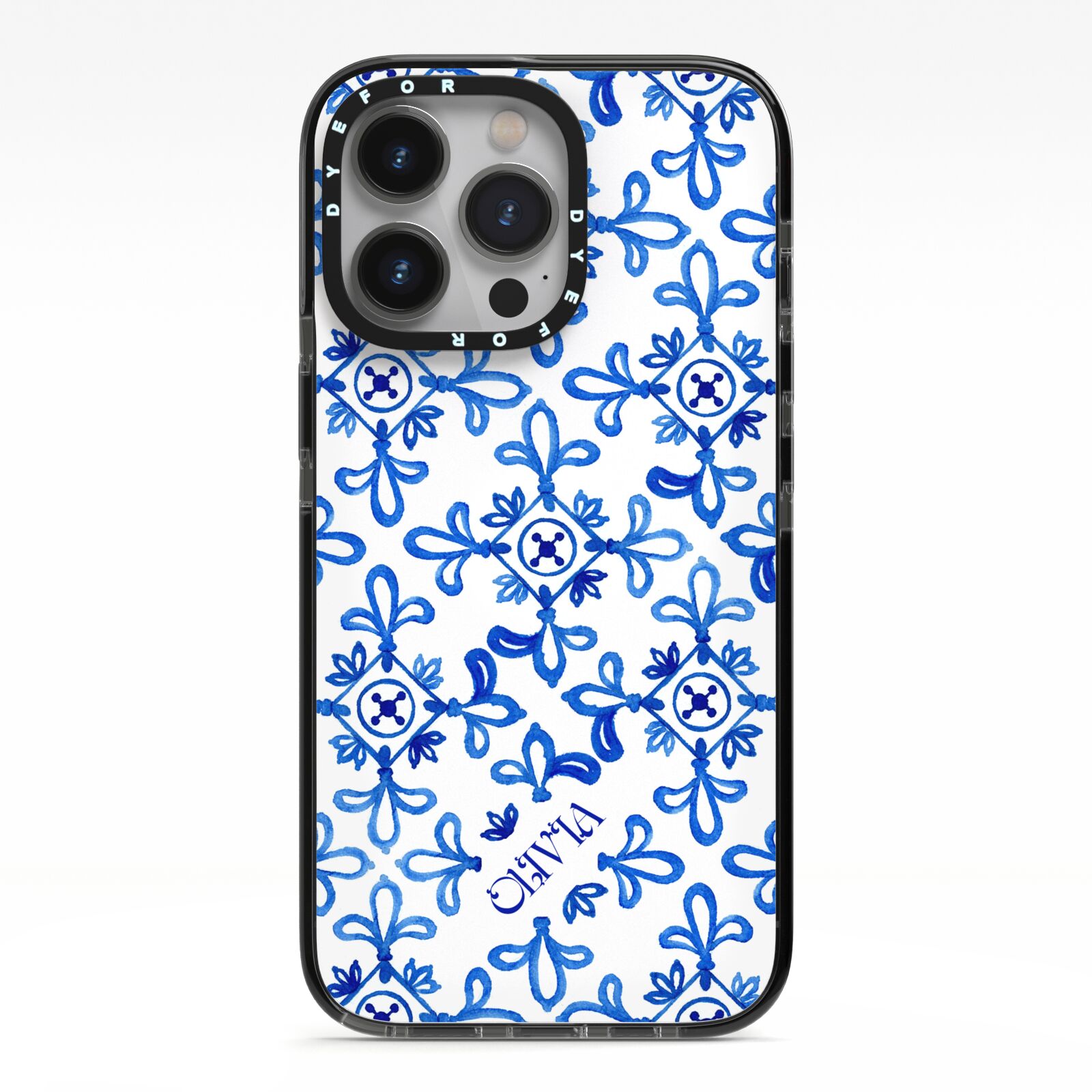 Personalised Capri Tiles iPhone 13 Pro Black Impact Case on Silver phone