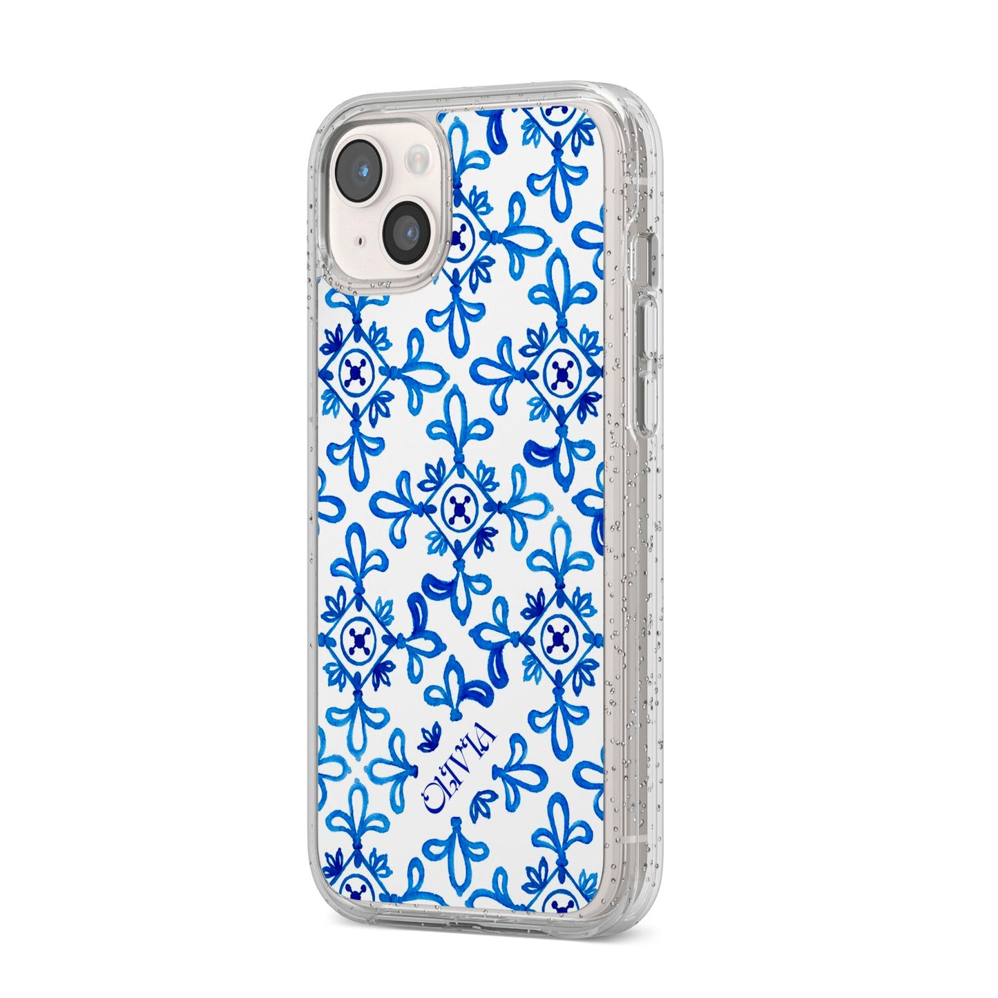 Personalised Capri Tiles iPhone 14 Plus Glitter Tough Case Starlight Angled Image