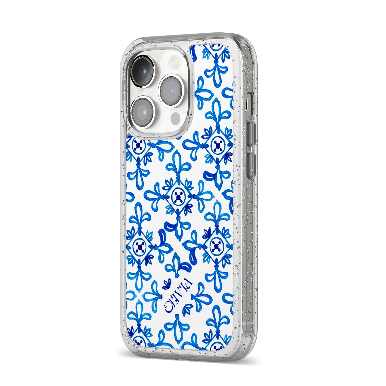Personalised Capri Tiles iPhone 14 Pro Glitter Tough Case Silver Angled Image