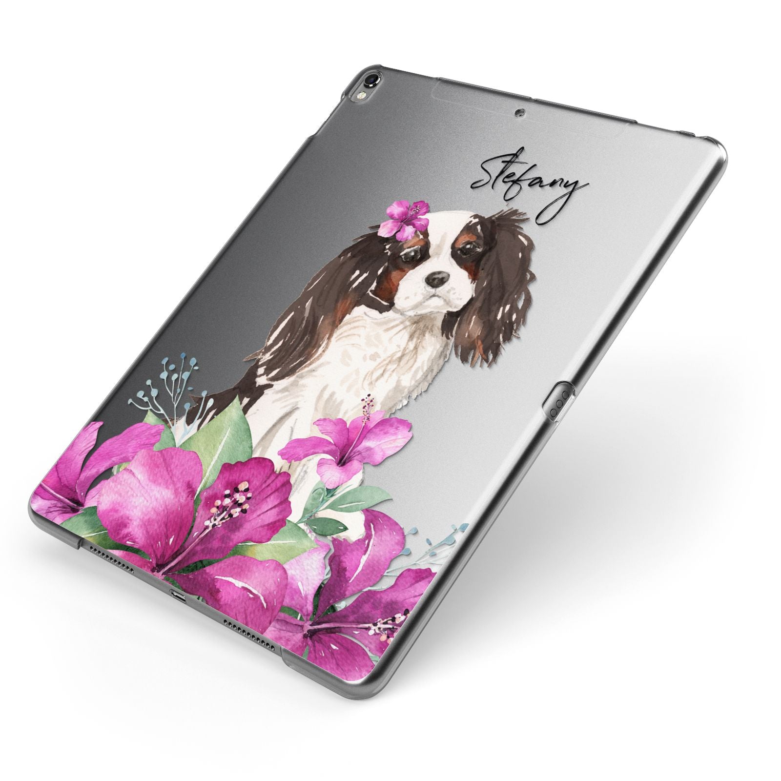 Personalised Cavalier King Charles Spaniel Apple iPad Case on Grey iPad Side View