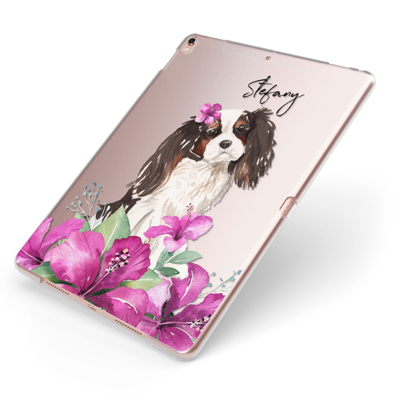 Personalised Cavalier King Charles Spaniel Apple iPad Case on Rose Gold iPad Side View