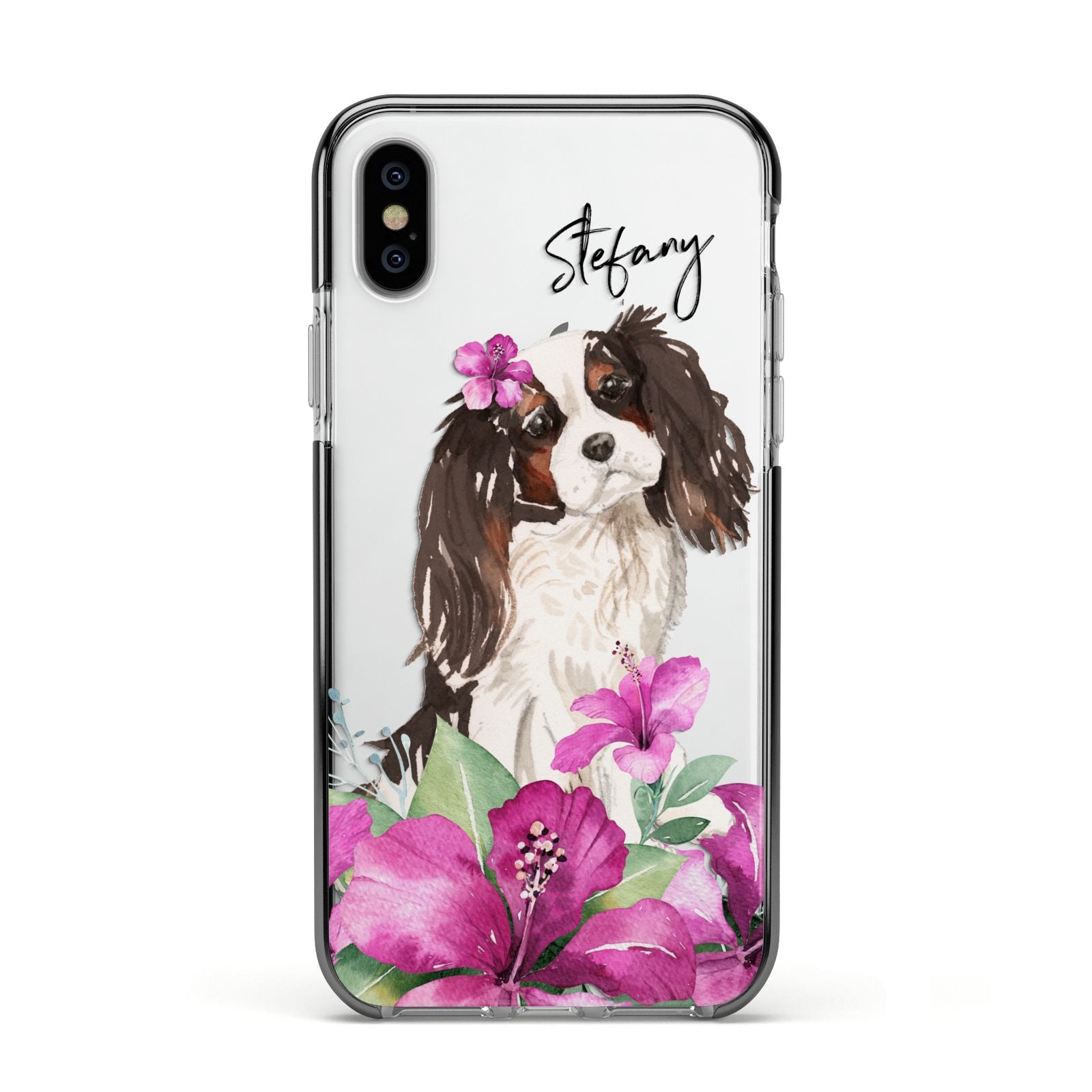 Personalised Cavalier King Charles Spaniel Apple iPhone Xs Impact Case Black Edge on Silver Phone