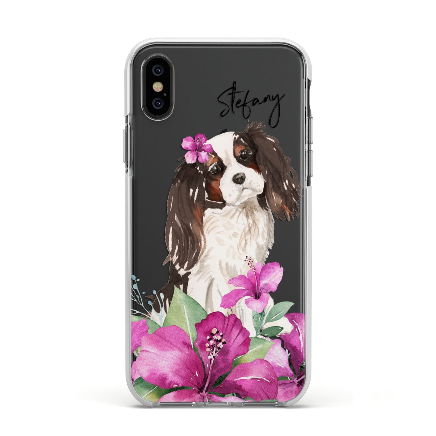 Personalised Cavalier King Charles Spaniel Apple iPhone Xs Impact Case White Edge on Black Phone