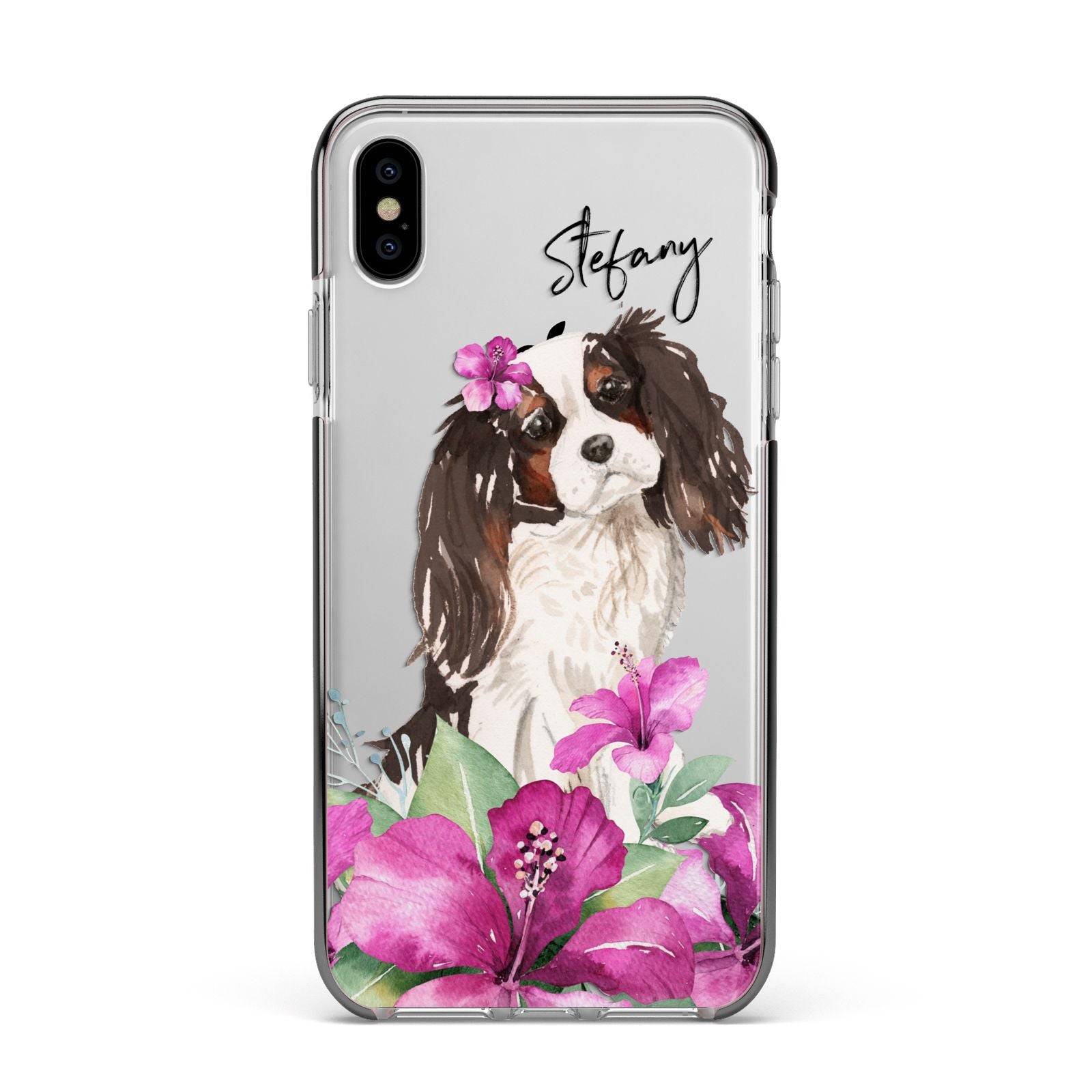 Personalised Cavalier King Charles Spaniel Apple iPhone Xs Max Impact Case Black Edge on Silver Phone