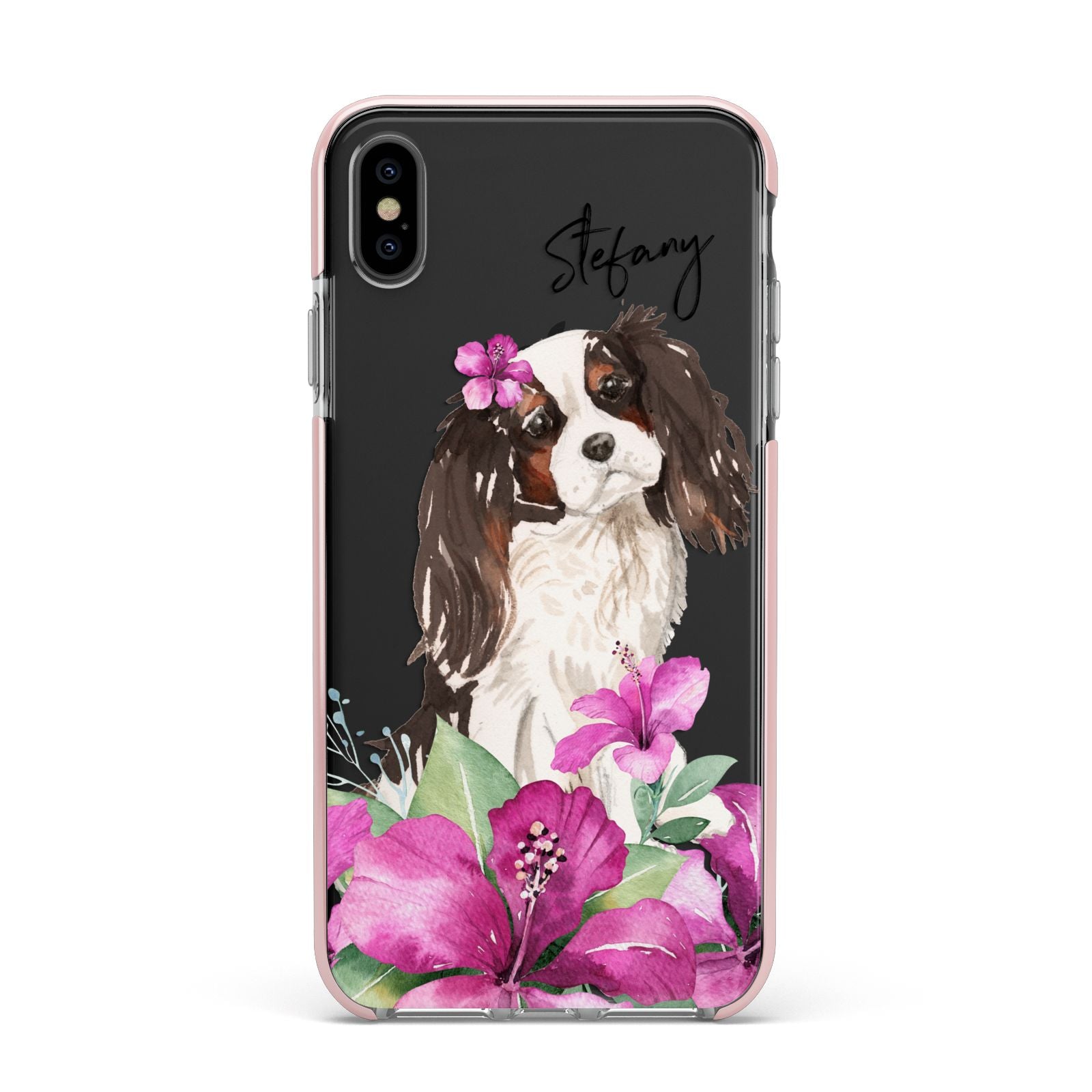 Personalised Cavalier King Charles Spaniel Apple iPhone Xs Max Impact Case Pink Edge on Black Phone