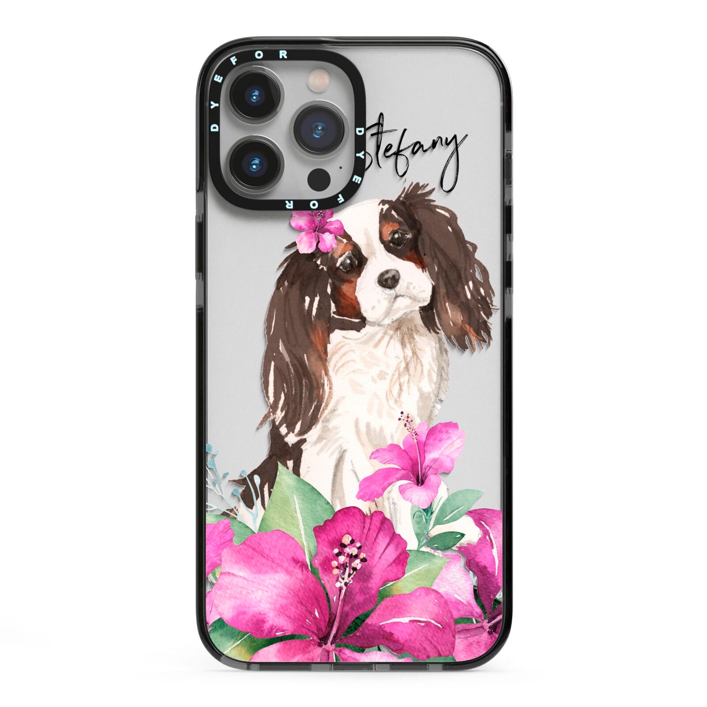 Personalised Cavalier King Charles Spaniel iPhone 13 Pro Max Black Impact Case on Silver phone