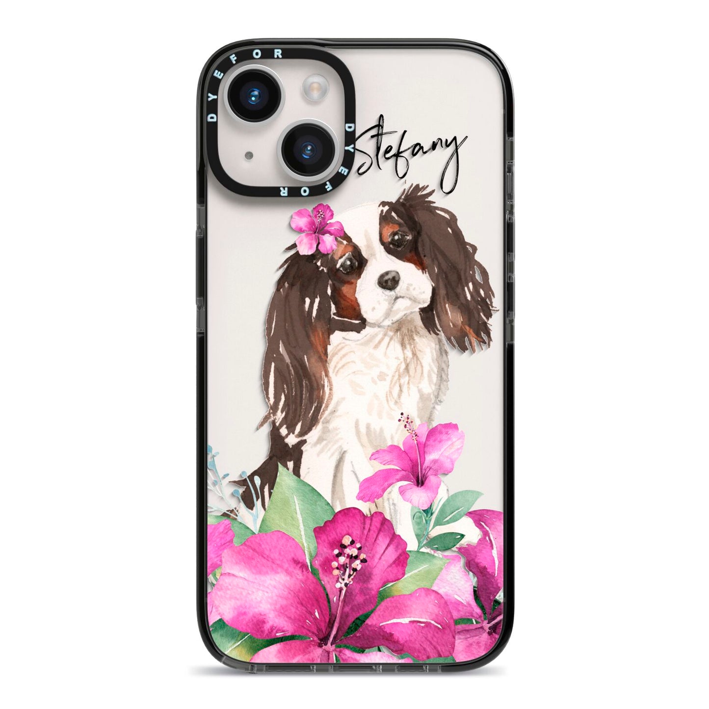 Personalised Cavalier King Charles Spaniel iPhone 14 Black Impact Case on Silver phone